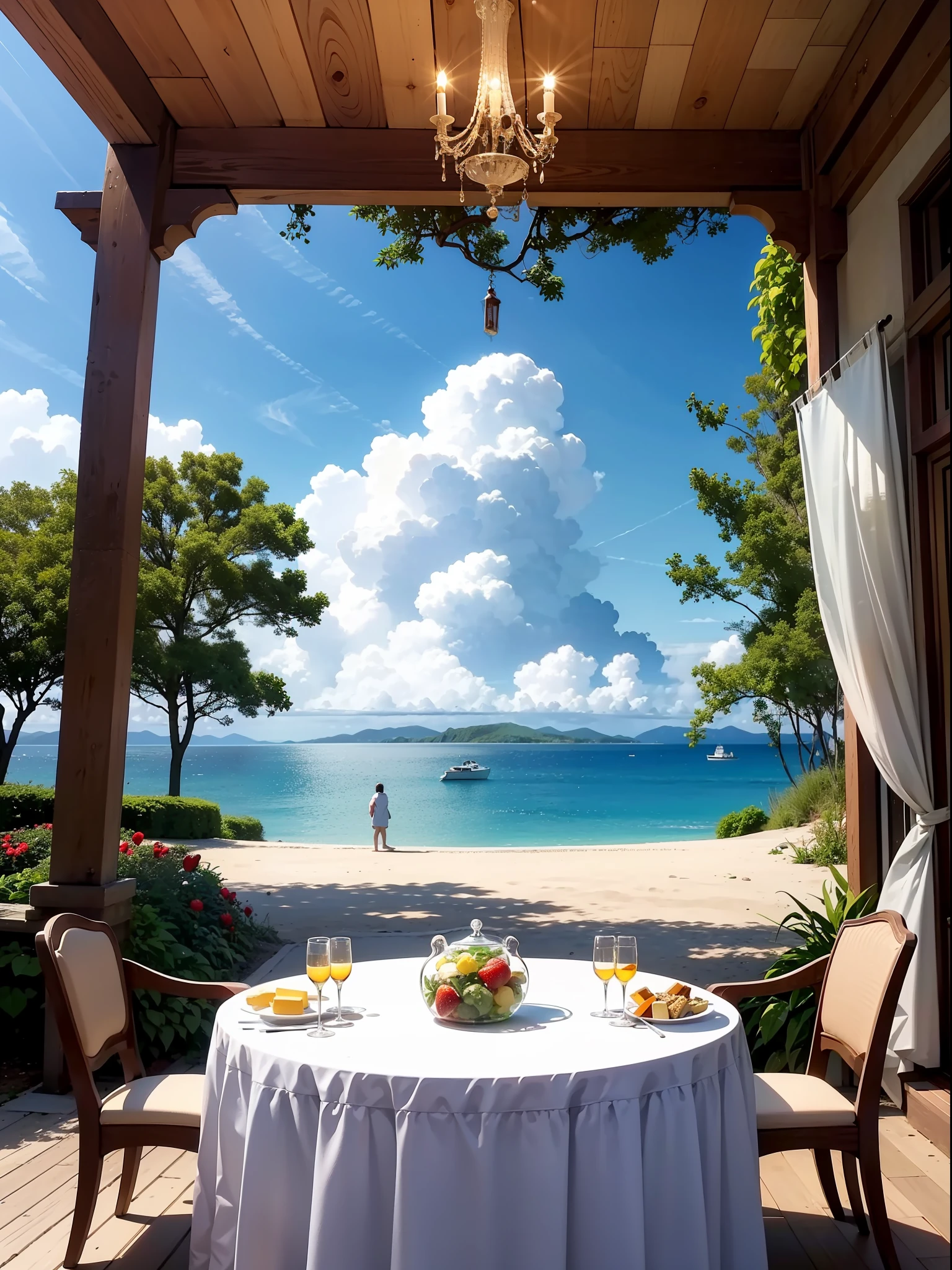 On a sunny day, there is an island in the vast sea, there is a candy house made of ice cream, cream, chocolate, biscuits, and lollipops, which depicts the feeling of the whole island in the sea, and there is a small garden full of strawberry aroma, and there is a chocolate fountain in the garden. Fresh, 4K high quality, hand-drawn cartoon, mysterious, high detail.