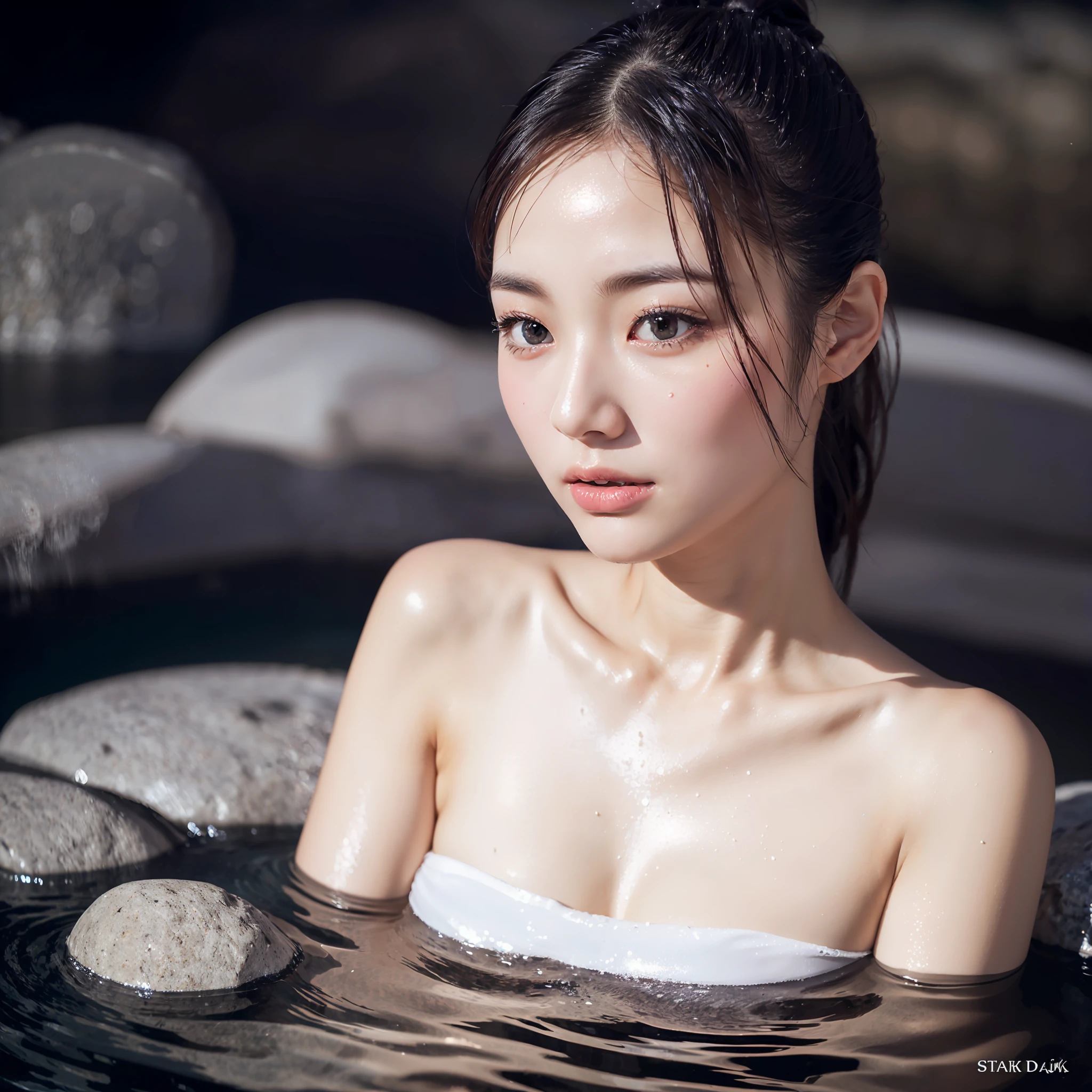 Top quality, delicate details, very detailed eyes and face, ((night))), (open-air rock bath), (white cloudy water), 1 beautiful girl, sweat, ponytail, upbeat cheeks, no makeup, upper eyes, strapless, lighting on figure, (((((background dark))))