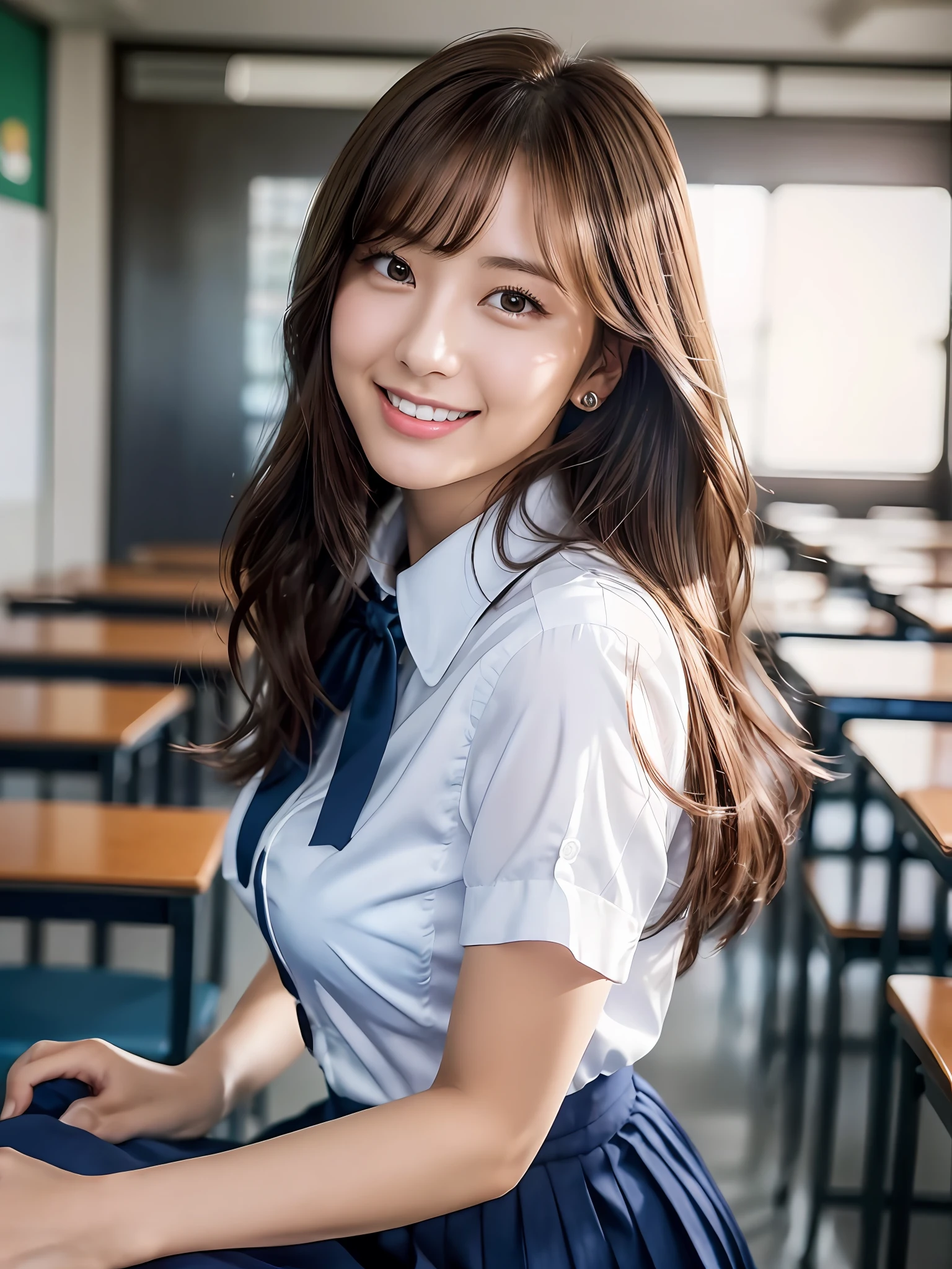 masterpiece, close up shot of a face, directly front view, a Japanese young pretty woman, sitting a chair alone with big smile in a classroom, and trying to unbutton her shirt, glamorous figure, wearing a short sleeves silky white collared shirt with shiny satin red plain bow tie, hyper pretty face, glossy lips, double eyelids in both eyes, natural makeup, long eyelashes, shiny smooth light brown hair of medium length, asymmetrical bangs, tanned skin, wearing a dark blue pleated skirt, head in the frame, central image, 8K resolution, high detail, detailed hairstyle, Detailed Face, spectacular cinematic lighting, octane rendering, vibrant, hyper realistic, perfect limbs, perfect anatomy