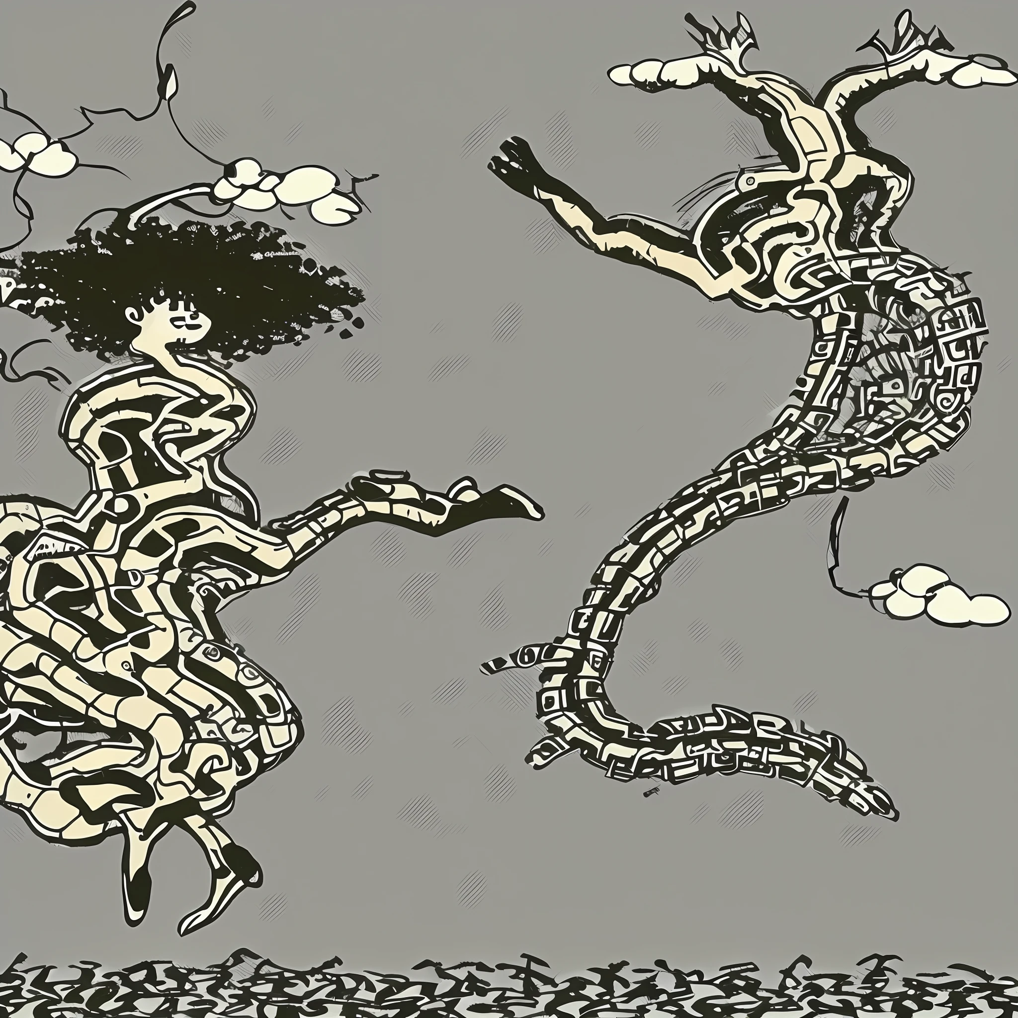 A brown boy, curly hair, floating in the air, word "PSYCHE" written on the left side, background all white