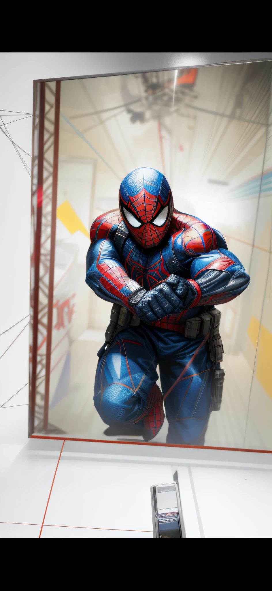 Ultra high resolution, best quality, photo, 16k, (realistic: 0.5), keep the composition of the photo as well as the action ,quadratic colorful Spider-Man. Red and black color matching Spider-Man, wearing Spider-Man costumes all over, complete structure, character movements consistent with pictures. No distortion. Not destroyed, dazzling lighting effects, one hand holding a mobile phone to the mirror shooting, one hand than scissor hands