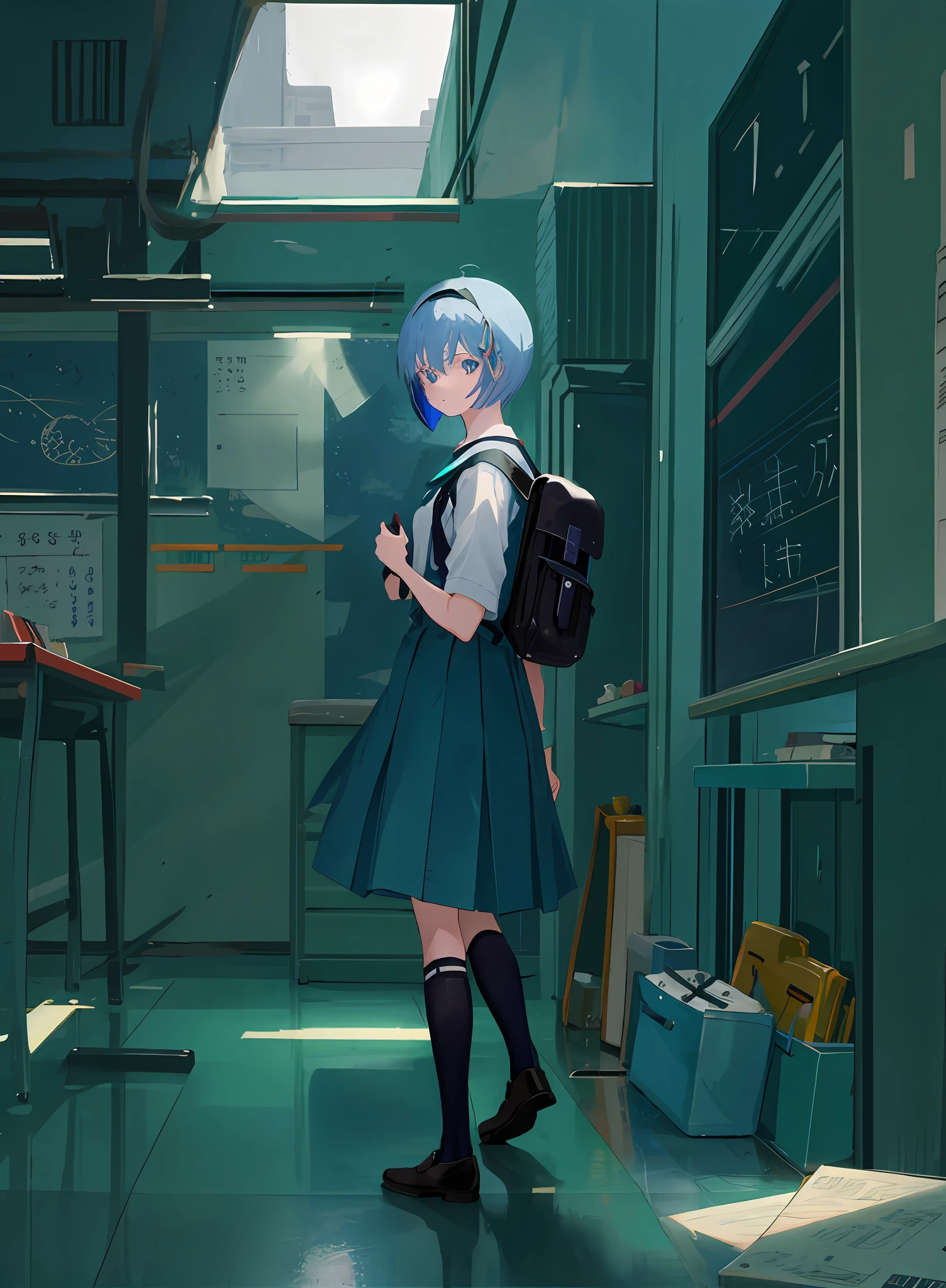 1 girl, uniform, in the classroom, belt, light blue hair, black headband, ashime bob, short hair, full body, beautiful eyes, detailed fabric texture, holding backpack, Morandi tone, hazy