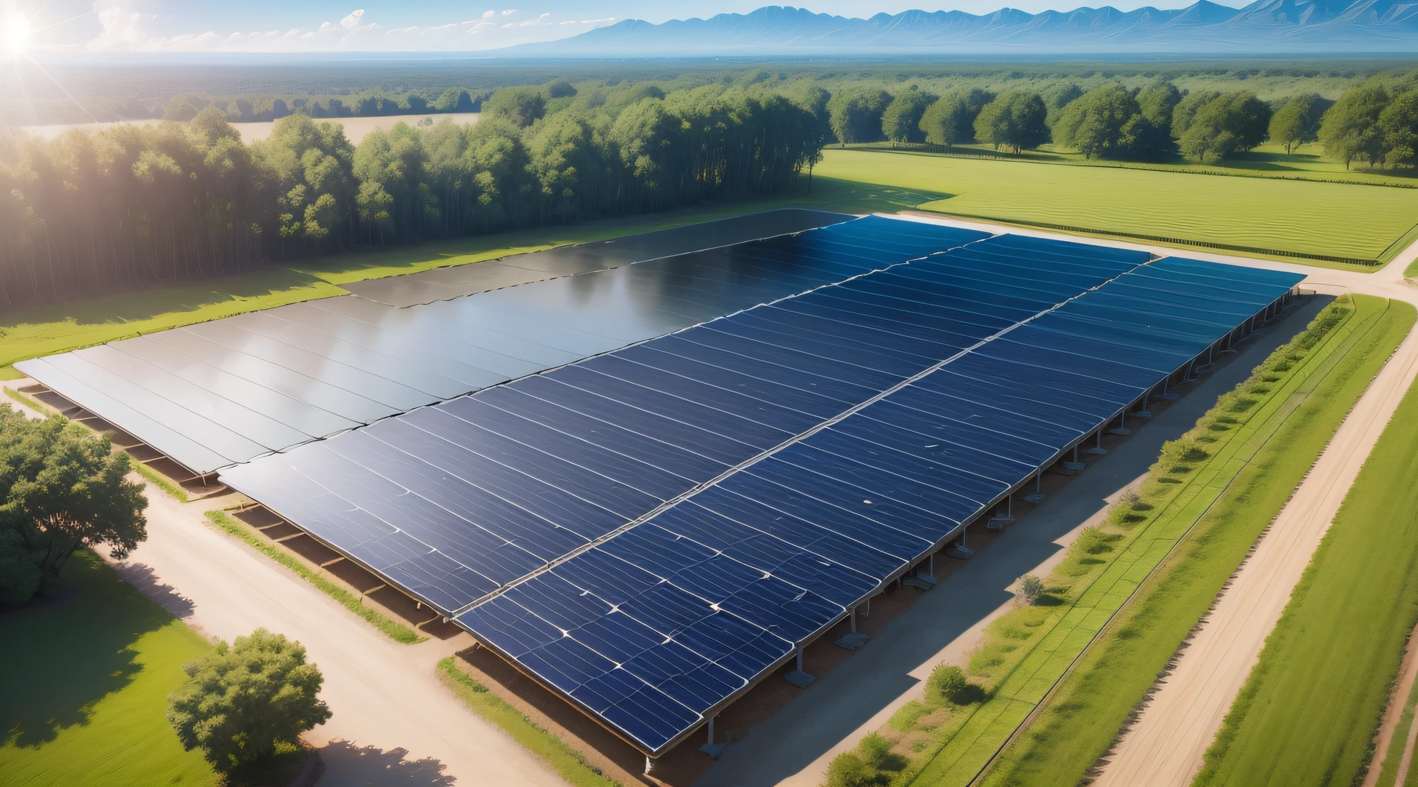 Wild, solar panels, large area, sunny weather