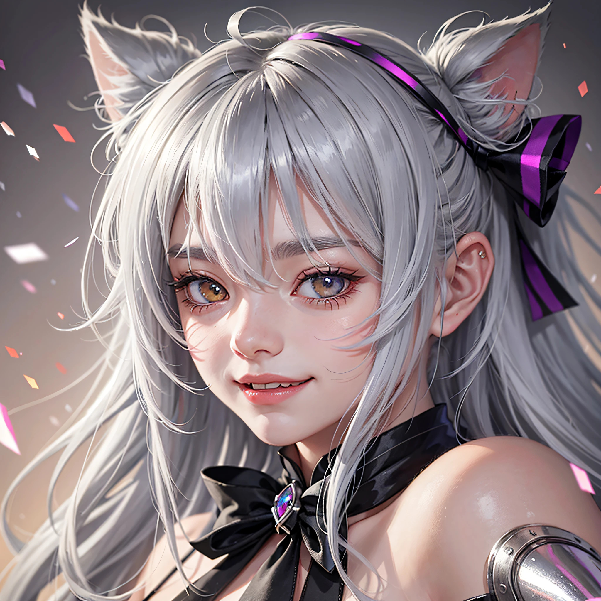 streaked hair, grey hair, silver hair, hair bow, horns, heterochromia, cat ears, evil smile, motion lines, anime style, UHD --auto --s2