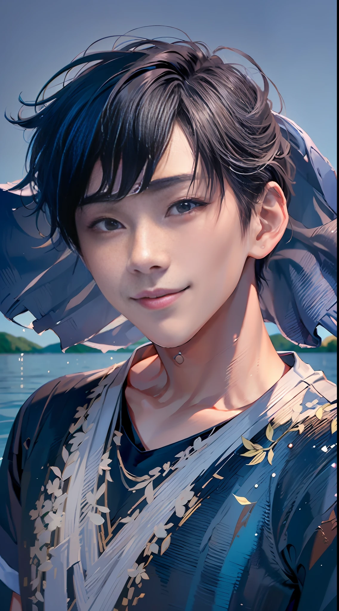 Exquisite details, perfect painting, clear summer sky, a handsome 20-year-old Asian man, Hallyu, handsome boy looking at the picture with deep eyes, smiling, bust, standing on the lake, short-sleeved clothes, HD details