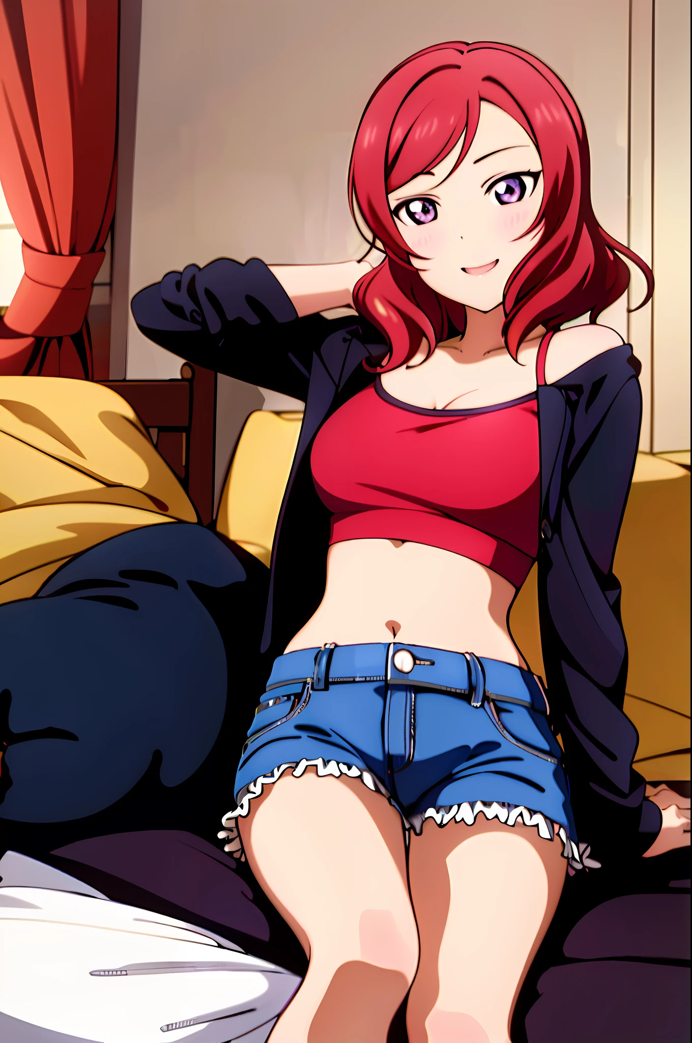 nishikino_maki,  masterpiece, best quality, highres, 1girl, solo, anastasia (idolmaster), idolmaster cinderella girls, purple eyes, short hair,  red hair, crop top, short jeans, cowboy shot, smile, upper_body, sexy pose, bed, bedroom, pillow, window, sitting, sitting on bed,