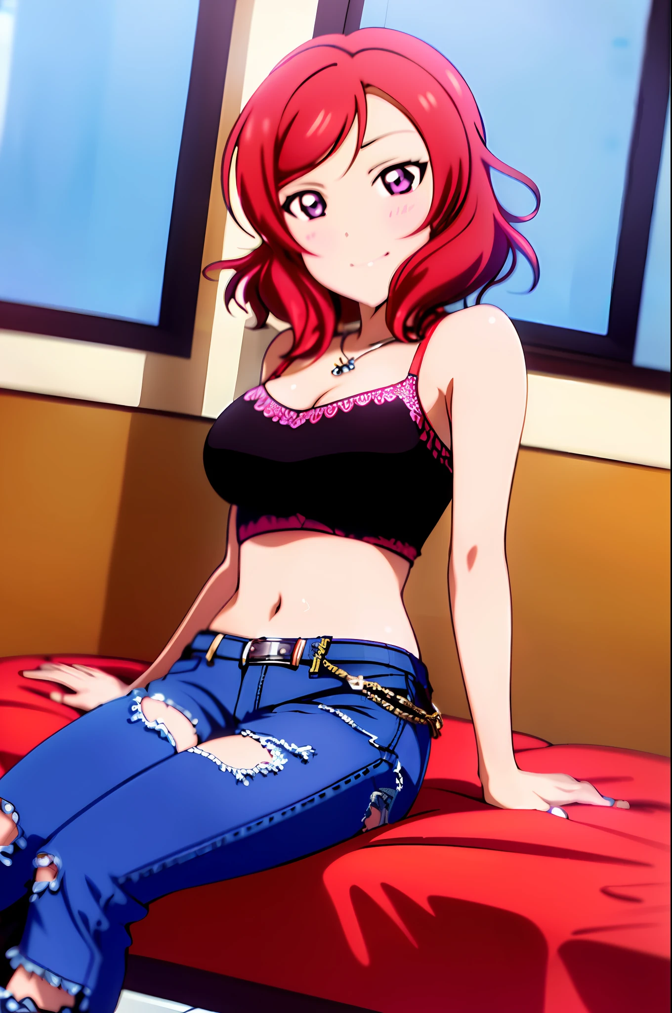 nishikino_maki,  masterpiece, best quality, highres, 1girl, solo, anastasia (idolmaster), idolmaster cinderella girls, purple eyes, short hair,  red hair, crop top, short jeans, cowboy shot, smile, upper_body, sexy pose, bed, bedroom, pillow, window, sitting, sitting on bed,