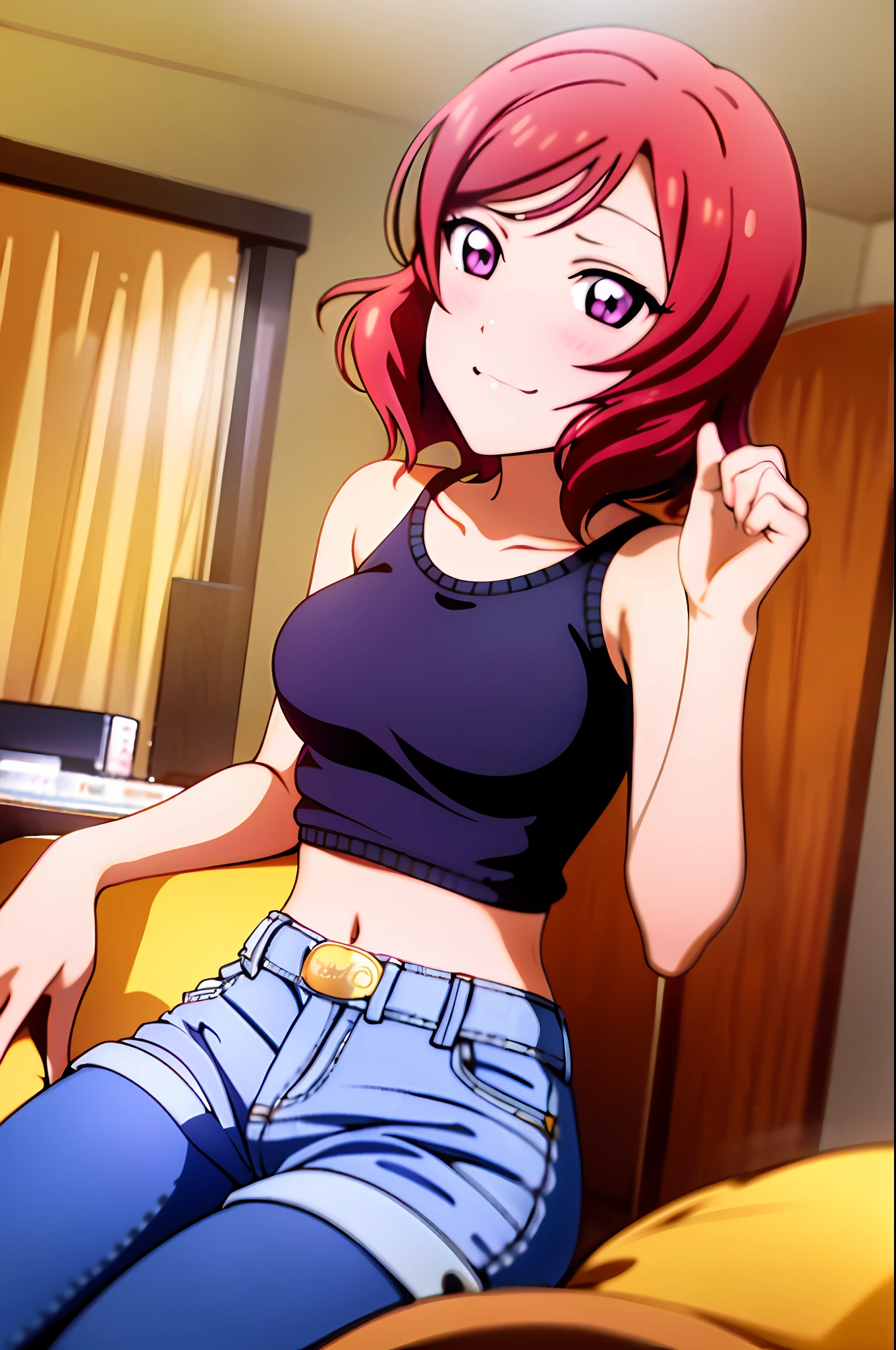 nishikino_maki,  masterpiece, best quality, highres, 1girl, solo, anastasia (idolmaster), idolmaster cinderella girls, purple eyes, short hair,  red hair, crop top, short jeans, cowboy shot, smile, upper_body, sexy pose, bed, bedroom, pillow, window, sitting, sitting on bed,