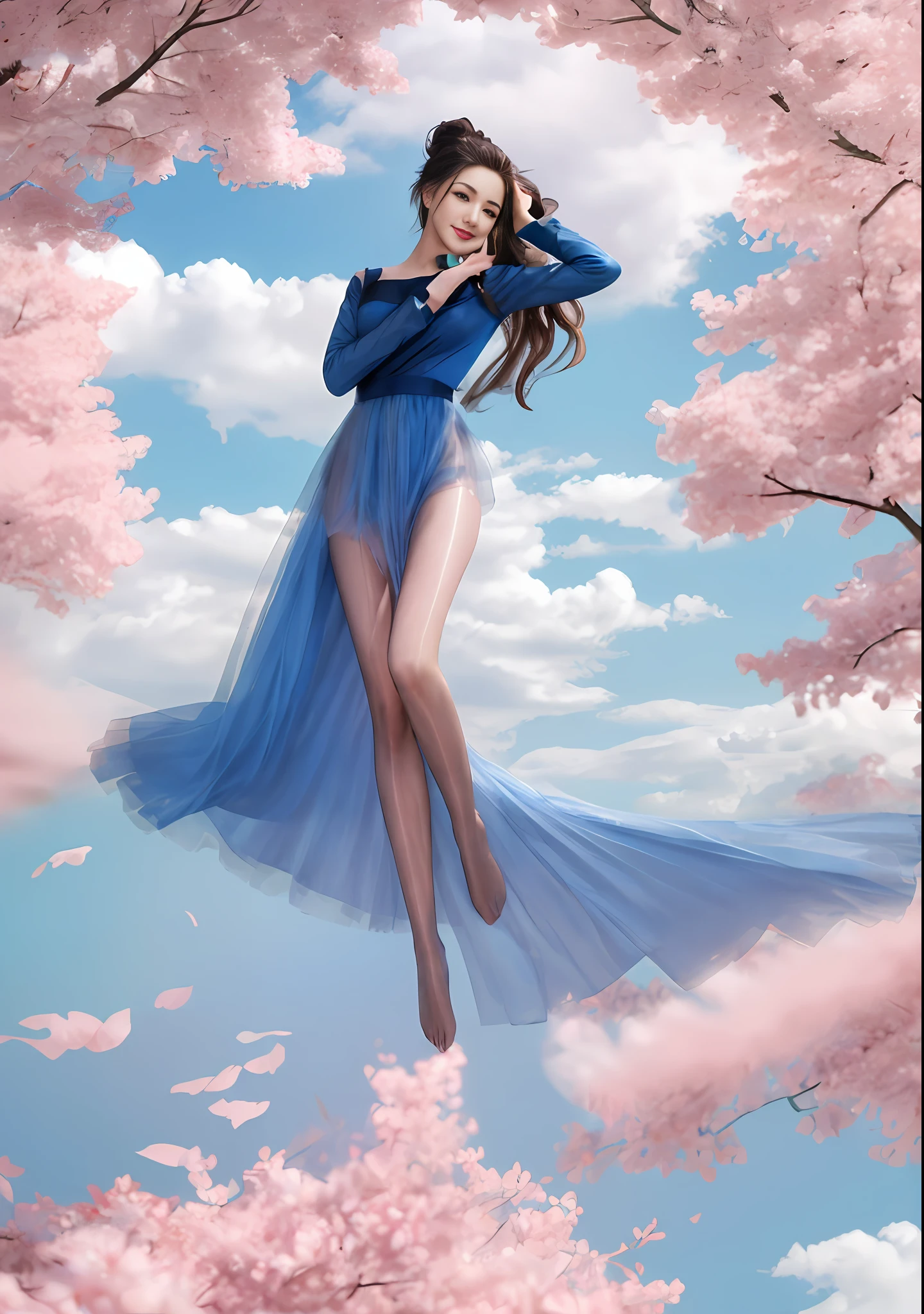 1 girl, single, (feet in the sky: 1.3), blue sky, mirror, (light pink and light sky blue style: 0.2), ethereal leaves, playful arrangements, fantasy, high contrast, (8K wallpaper: 1.3), realistic, octane rendering, surreal, (skin dents: 1.5), (realistic face: 1.2), (hands and feet blurred), sharp focus, masterpiece, (best quality), (mirror illumination: 1.5), light on the face, sharp face, long hair, light makeup, smile: 1.2, cute, (after fingering: 1.1), (long tulle: 1.6), wind, bun, (leg covering: 1.3),
