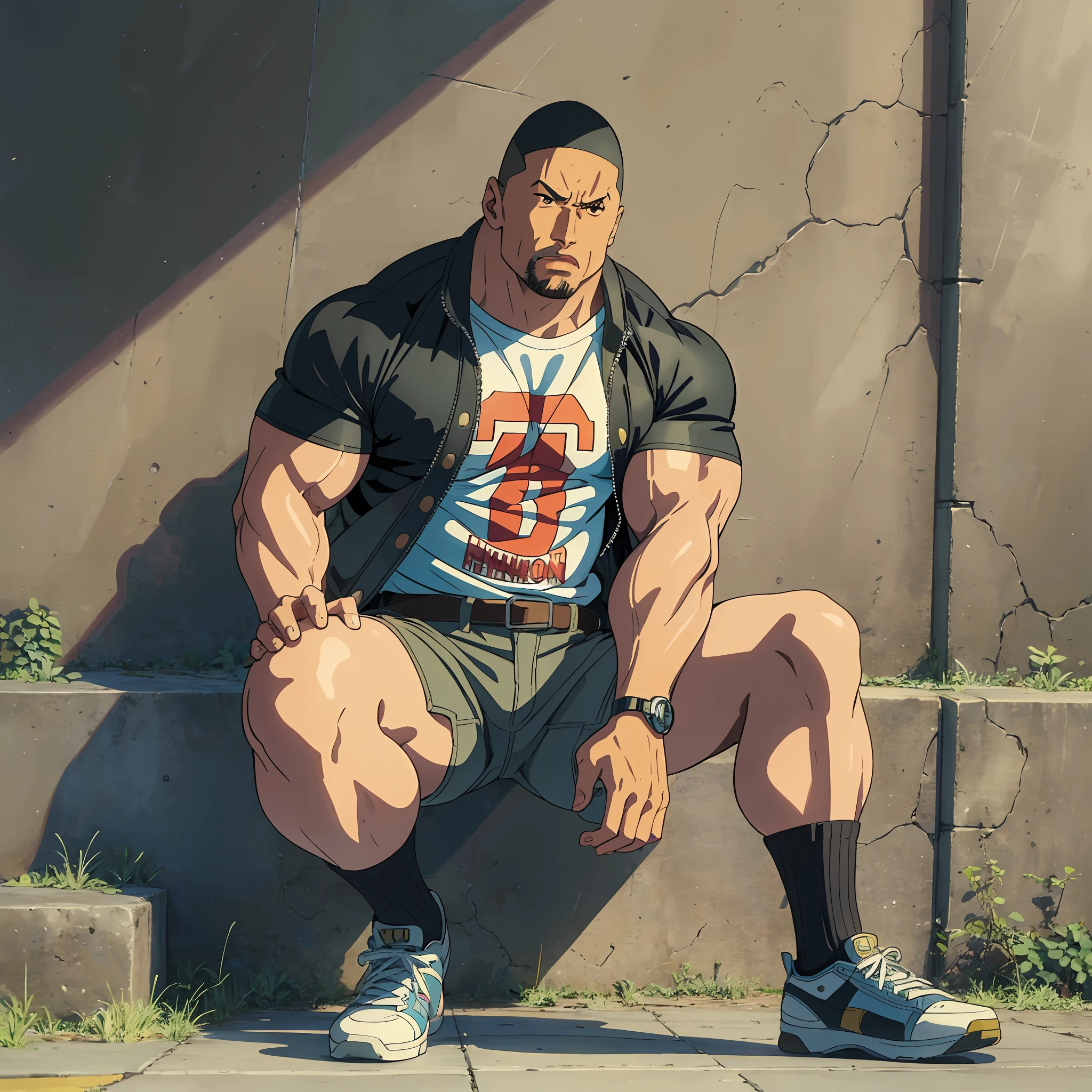 Macho similar to Dwayne Johnson, dressed like Hiroshi Inaba, wearing shorts and hot pants, one person --auto --s2