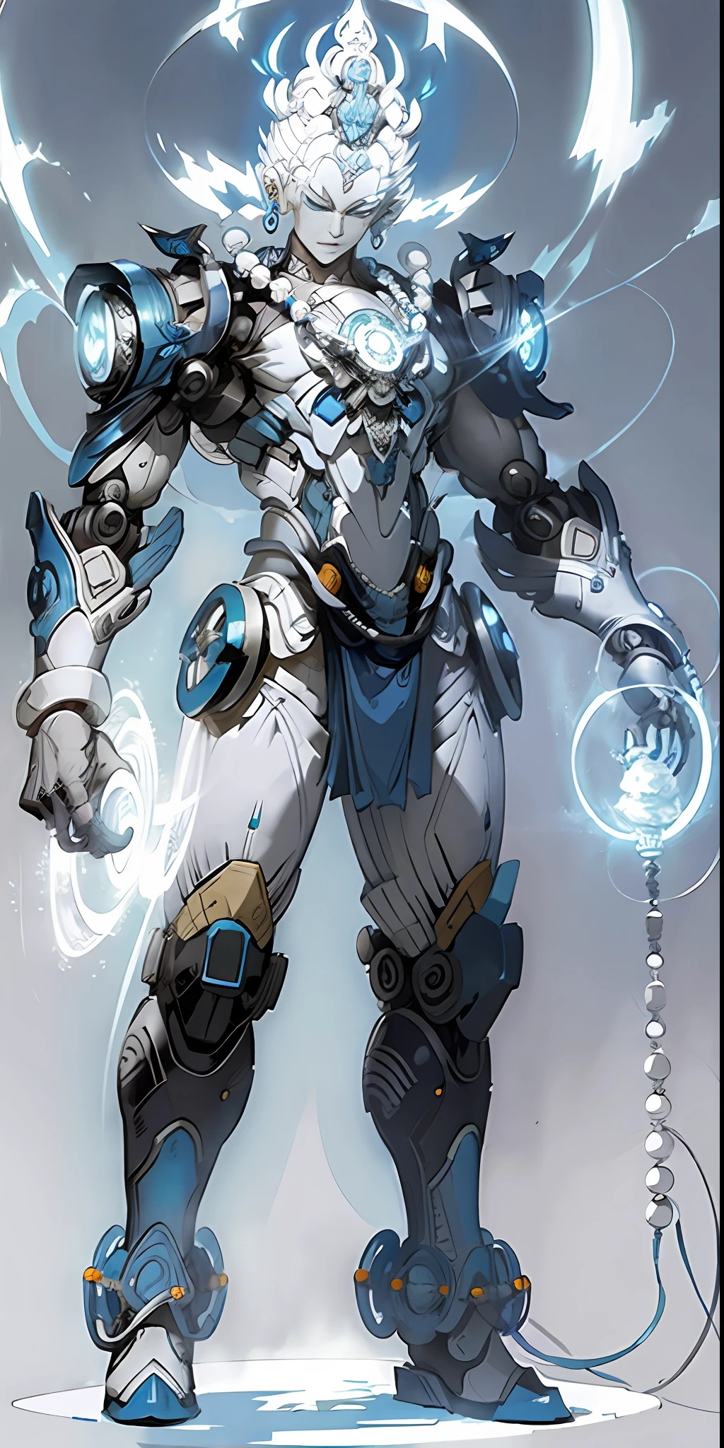 Fantz cartoon robot design, 1 boy, mecha, white hair, one blue eye, different pupil, Buddha beads, full body, proportions, glowing circle on the back, Buddha statue, ribbon