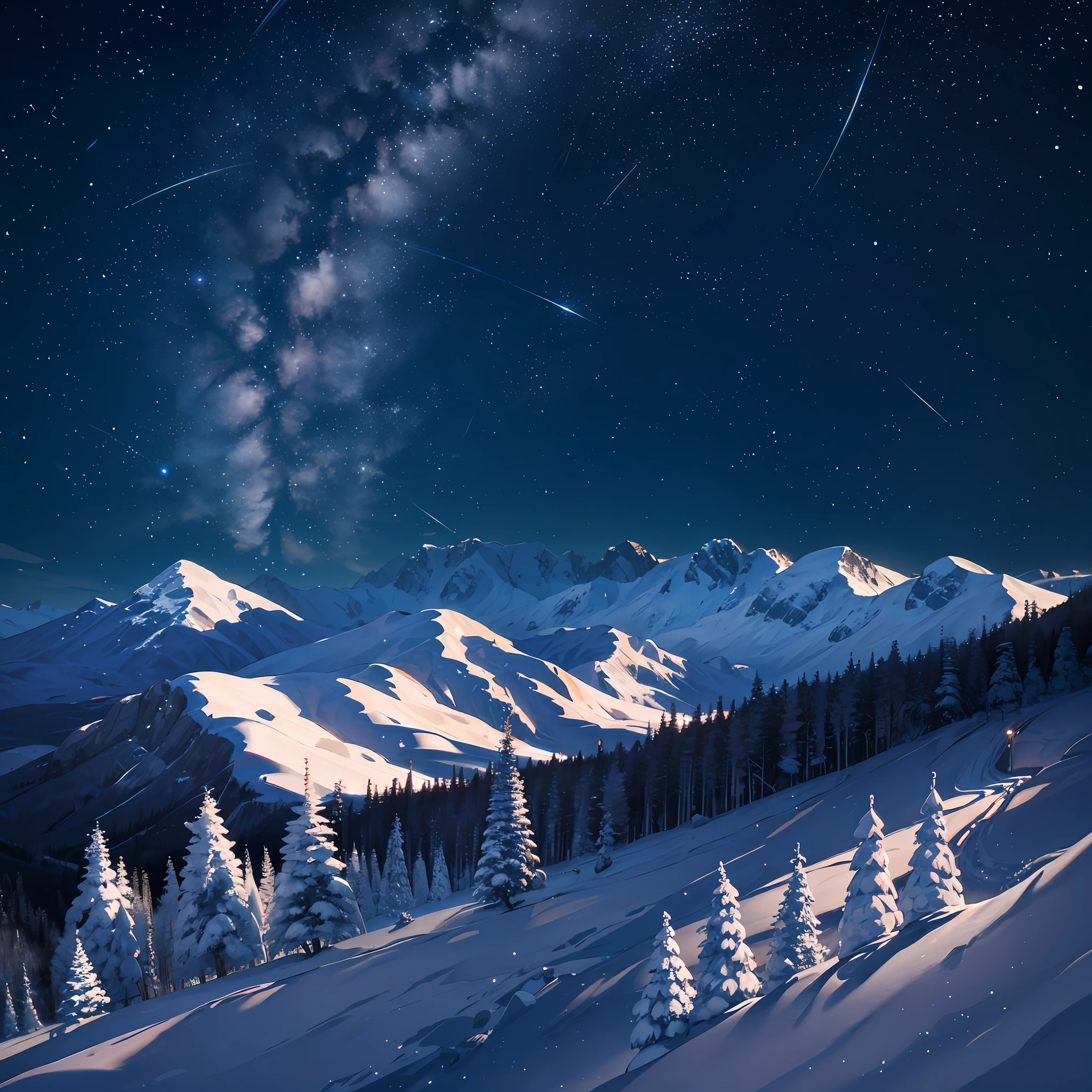 Snow-capped mountains, woods, starry sky, city lights, top-down view --auto --s2