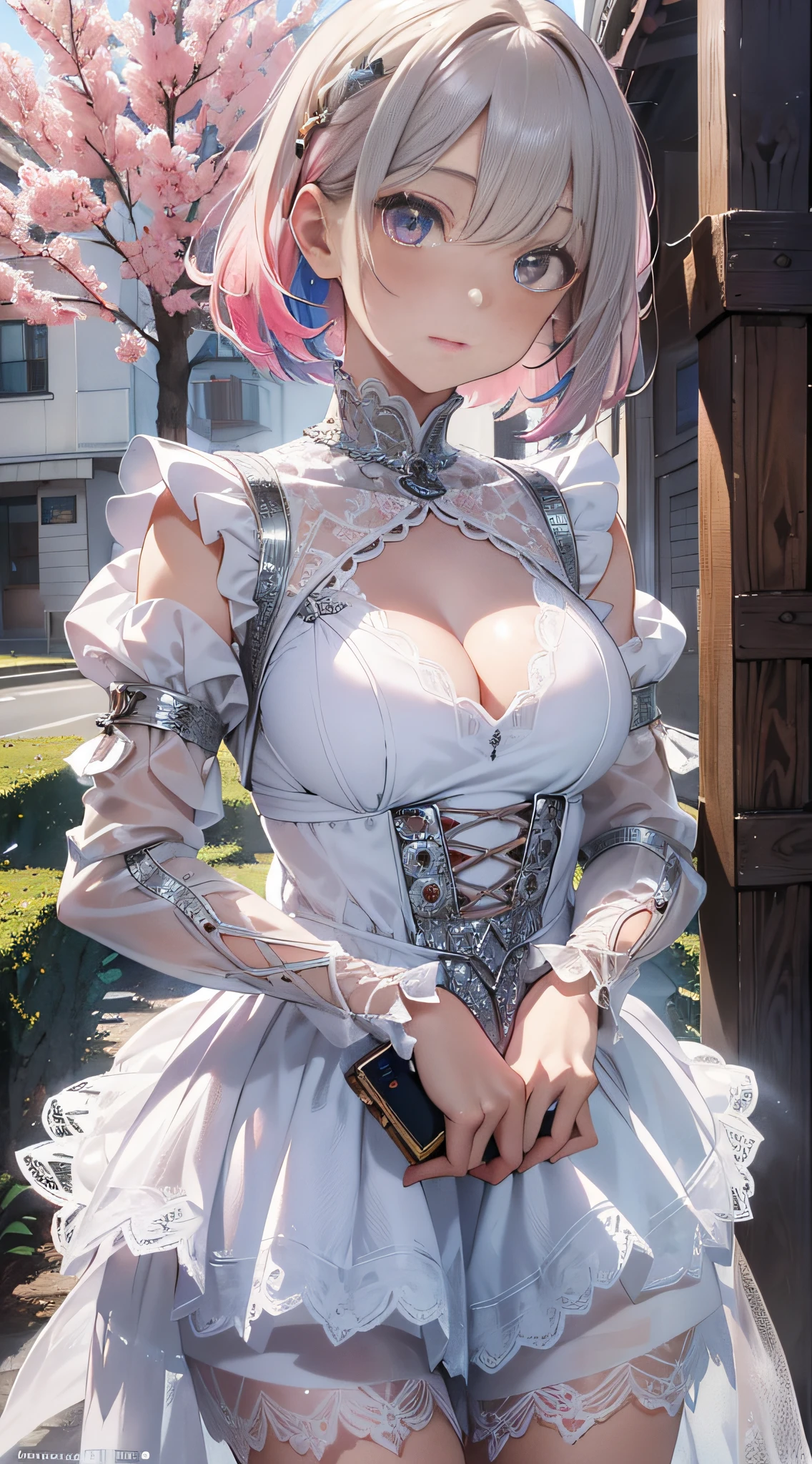 Realistic, Hyper Detail, Girls Only, Layered Bob, Dynamic Lighting, ((Bold imaginative pose)), (Glossy skin: 1.5), Masterpiece, Top Quality, Absurdity, Watching Viewer, (Blonde and Pink Hair), deep Purple Clear Eyes,((Beautiful, detailed eyes, jewel-like eyes, colorful eyes, sparkling eyes:1.3)), Slender, High Resolution, Sharp Focus, Depth of Field, Detail Eyes, Sharp Eyes, (Realistic Eyes)), outdoors, sunrise sky, (attractive delicate design river trimmed lace dress, (intricately patterned silver armor wearing): 1.3))