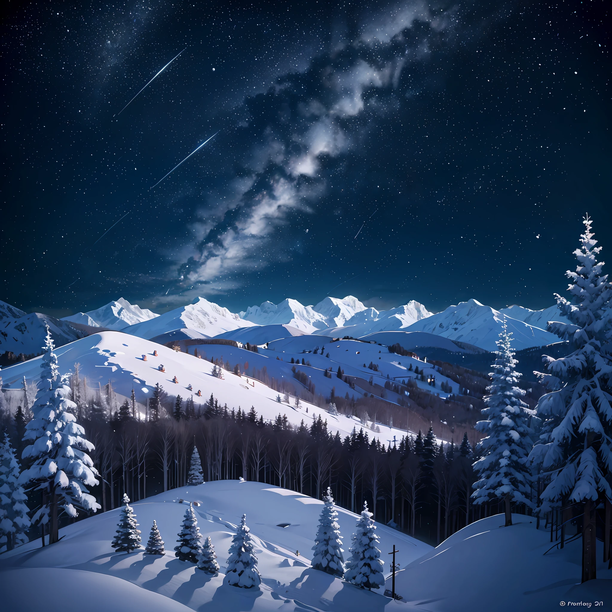 Snow-capped mountains, woods, starry sky, city lights, top-down view --auto --s2