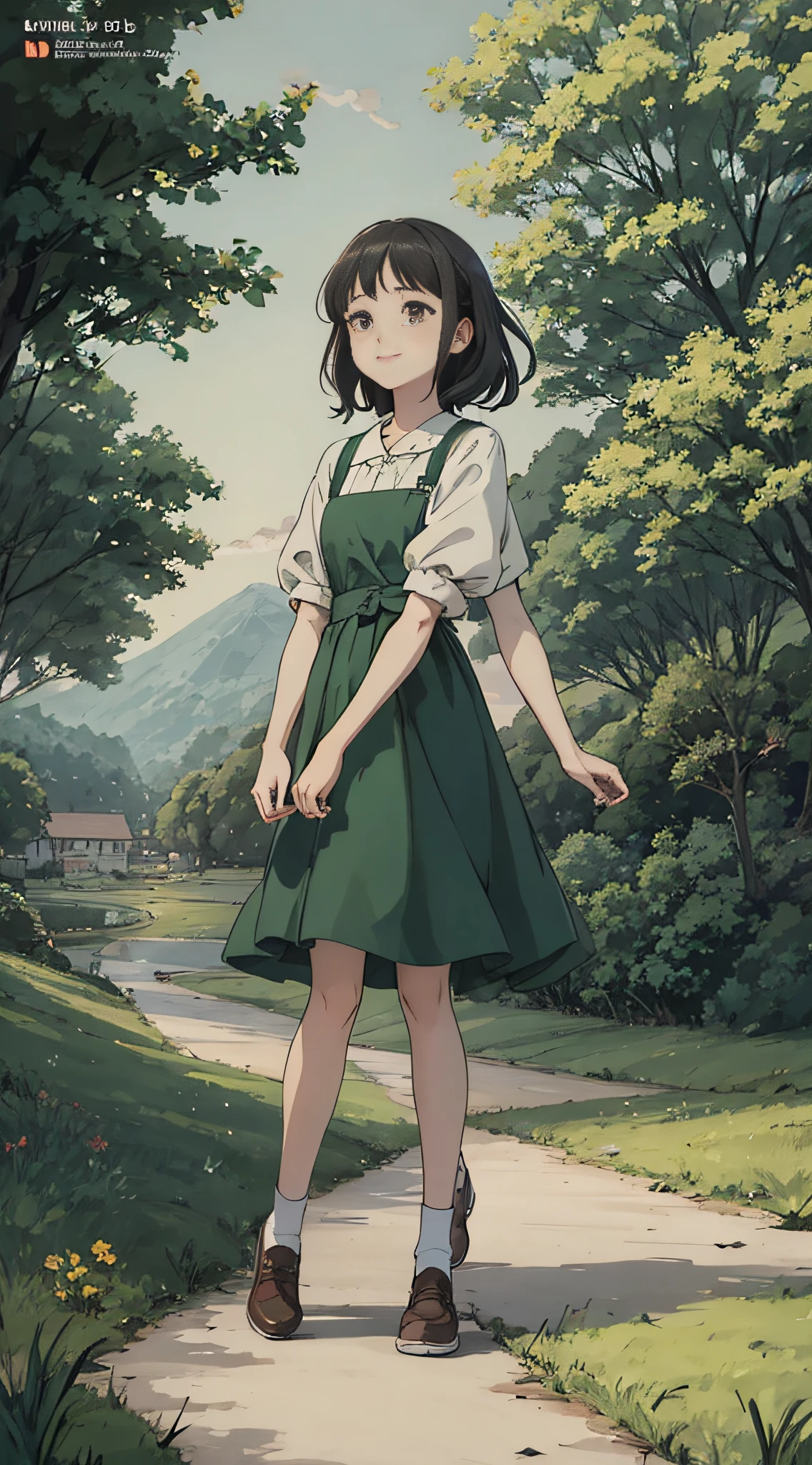 Anime girl walking on path in field, pet cat, with a cat next to it, anime visual of cute girl, digital anime illustration, beautiful anime art style, anime style illustration, anime style. 8k, soft anime illustration, official art, anime illustration, art style in bovot, Ghibli anime style, anime art style, black hair, smile, Ghibli-like color, UHD