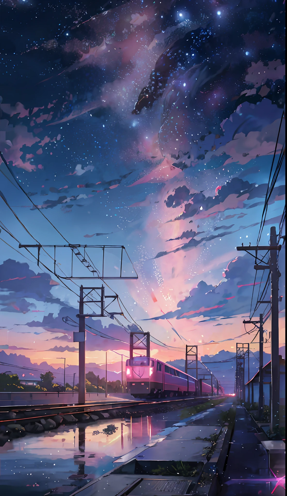 Anime train crossing track in sky background, beautiful and harmonious scene, exquisite animation, rich details (width is 672), high quality, clarity 4k, artistic 4k wallpaper, stunning anime landscape, 8k art wallpaper.