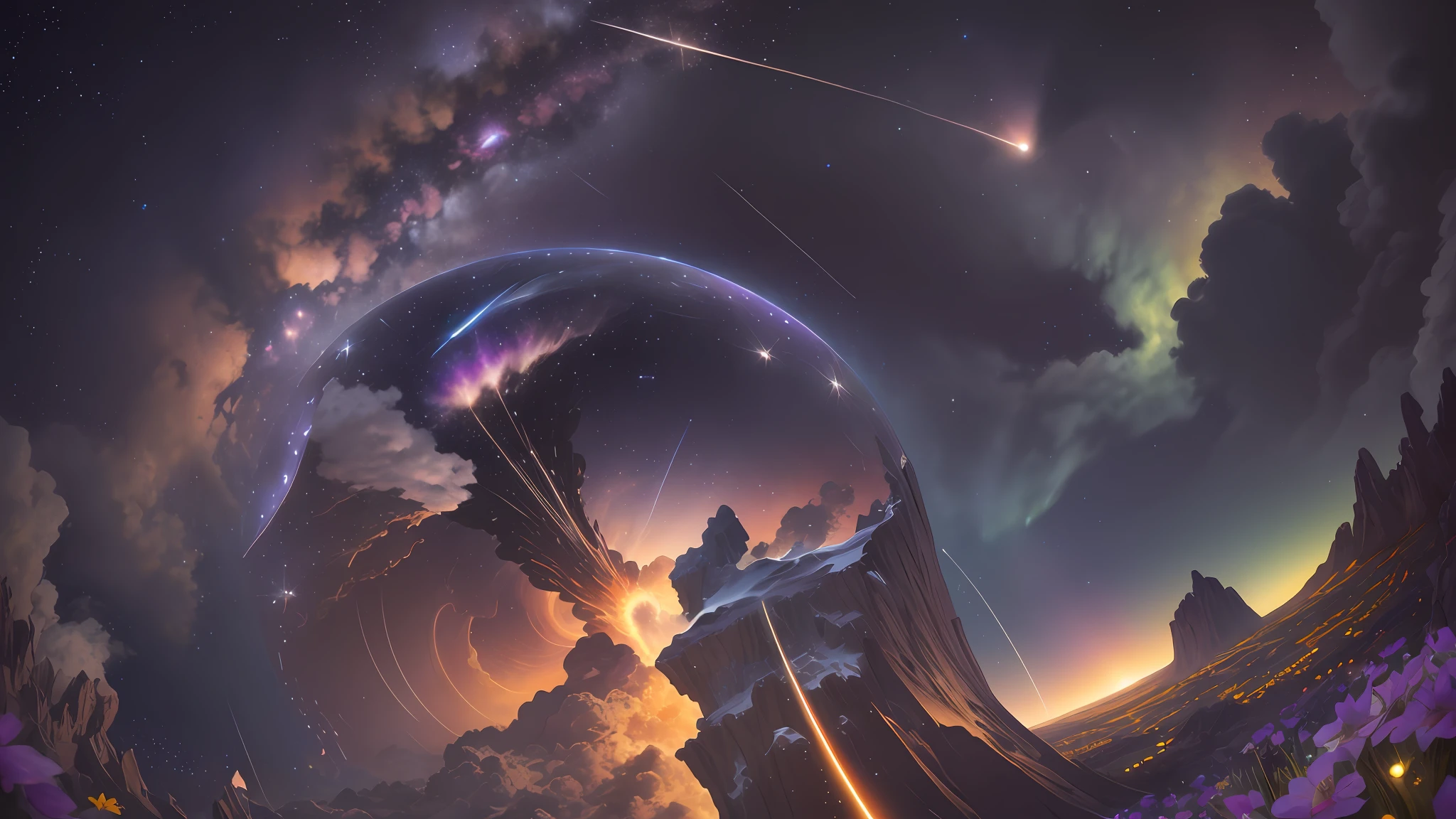 (zoomed out:1.1), (meteor shower:1.2), (comet:1.1), low angle, aroura borealis, shooting star, cloud, colorful, starry, stars, night, flower field, flower blossom, night sky, beautiful flowers, night theme, Surrealism, high detail, from below, from below, Hyperrealism, Impressionism, best quality, masterpiece, UHD, retina, award winning, 4K, anatomically correct, super detail