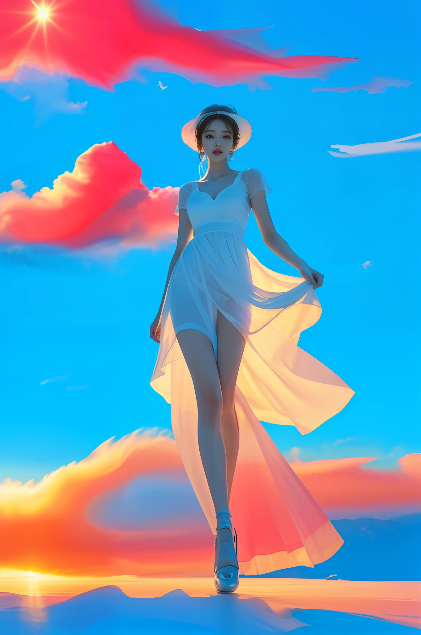 (8k, RAW photo, photorealistic:1.25), ( lip gloss, eyelashes, glossy side, shiny skin, best quality, ultra high resolution, depth of field, chromatic aberration, caustics, wide light, natural shadows, headwear, Kpop idol), (dreamy and romantic compositions: 1.5), light pink style, 1girl, (sky witch: 1.5), tall and thin beauty goddess, flowing dress, conservative girl, cloud goddess, flowing white fabric, wearing flowing dress, realistic, blue sky on background, (wind: 1.5), (full body: 1.5), add_detail,