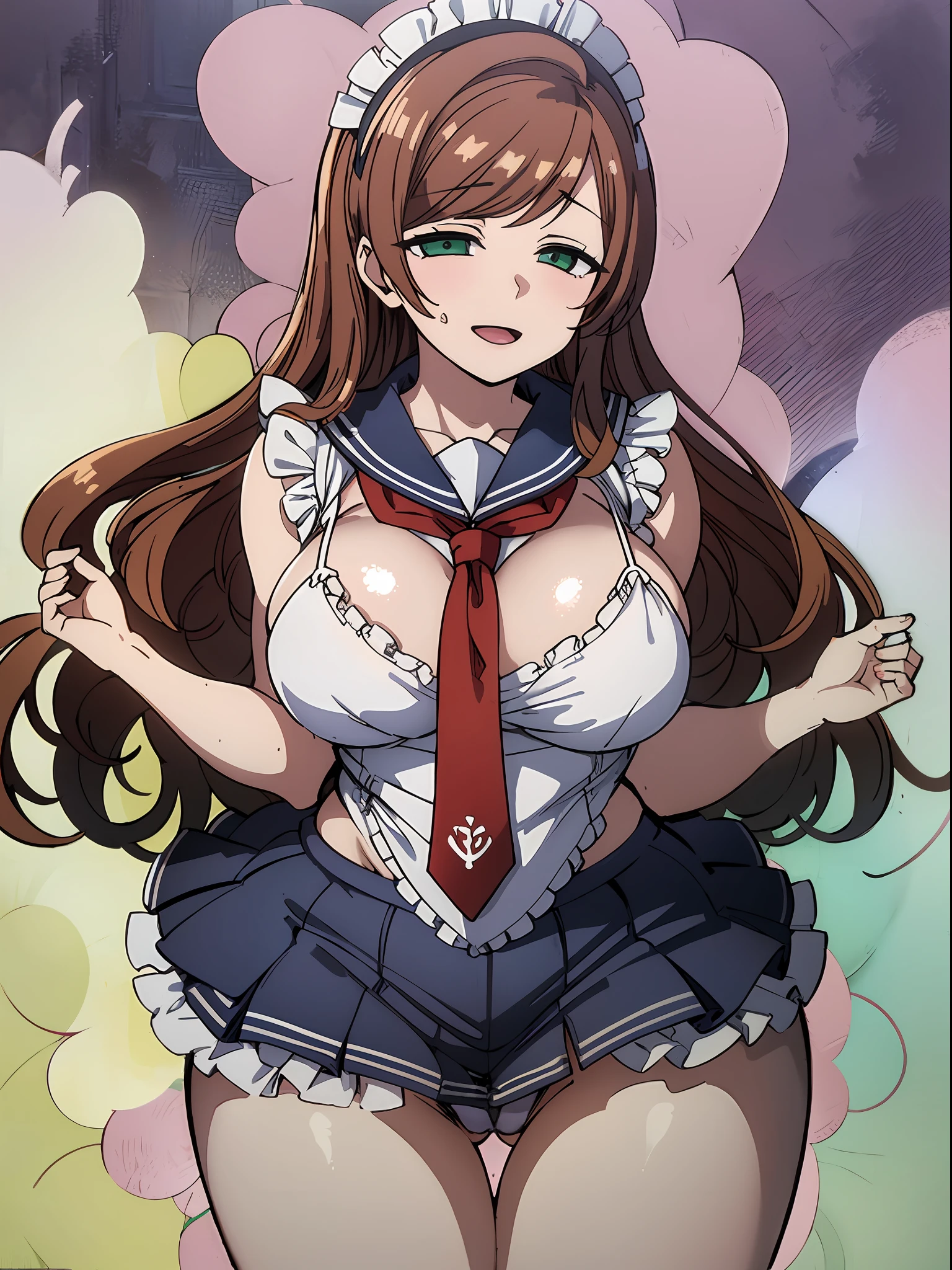 (masterpiece, ultra detailed, absurdres:1.2), (sfw:1.7), 16yo mature bbw, white maid-bikini, cameltoe, open mouth gentle smile, gentle blush, (narrow waist:1.1), (half-closed eyes:1.0), (dark-red hair:1.2), (hair pulled back:0.9), green eyes, frilled microskirt, (long hair:1.0), (sailor tie:1.2), hair ribbon, side-tails, (chibi:0.3), plump legs, 
sanada_minako,