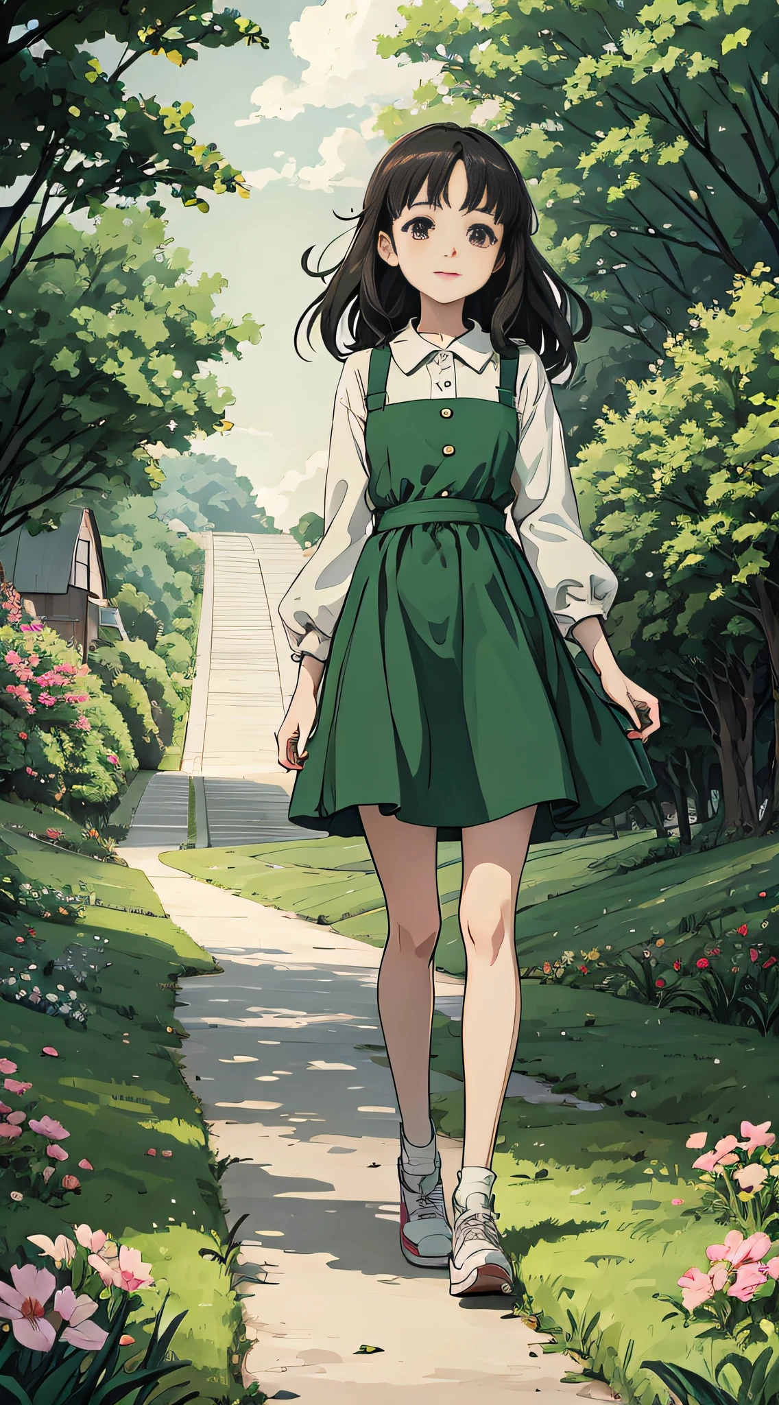 Anime girl walking on path in field, pet cat, with a cat next to it, anime visual of cute girl, digital anime illustration, beautiful anime art style, anime style illustration, anime style. 8k, soft anime illustration, official art, anime illustration, art style in bovot, Ghibli anime style, anime art style, black hair, smile, Ghibli-like color, UHD