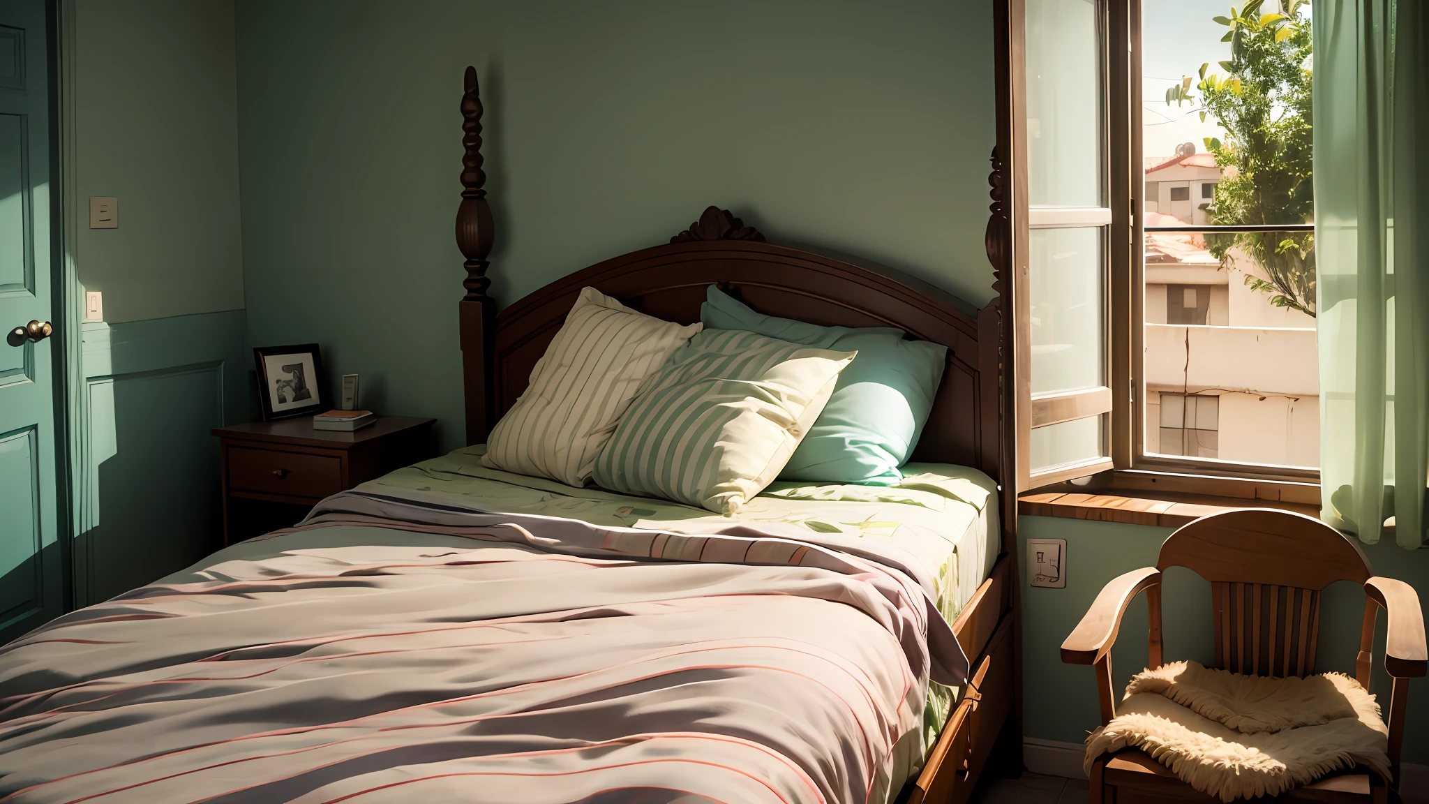 bedroom of a young Brazilian boy, unmade bed, a chair facing the window, 4K --auto --s2