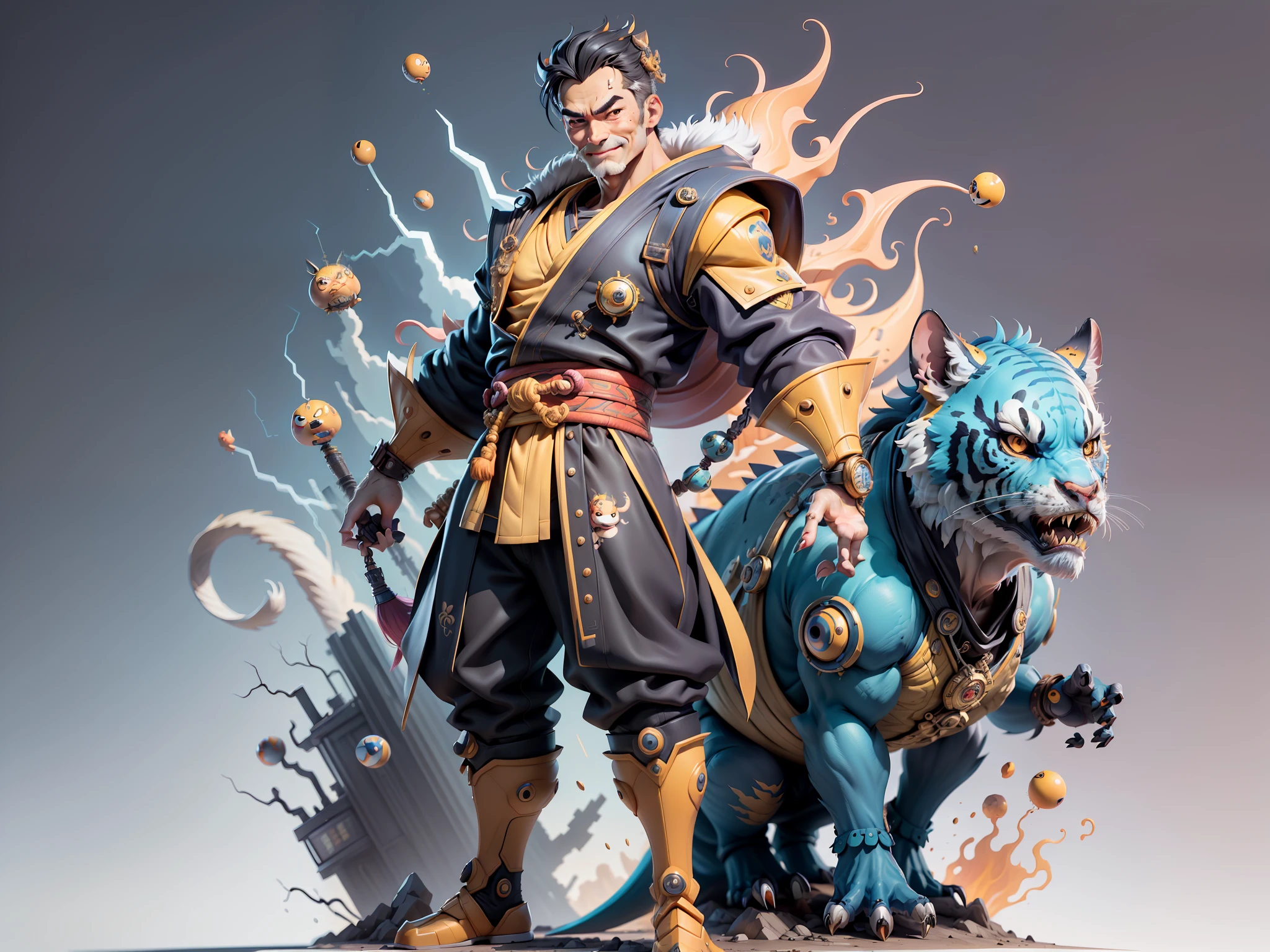 (Masterpiece), (Excellent), (Super Meticulous), (Full Body: 1.2), Super Young Man with Japanese Female Geisha, Beautiful, Chinese Dragon, Tiger, Wind God Thor, Sexy, Bursting, Oriental Face, TV Anchor, Bust Portrait Illustration, Alone, Black Suit, Blue Tie, Slightly Chubby, Very Clean Face, No Beard, Black Super Short Hair, Black Eyes, Confident Smile, 3c Computer Sub-Products, iPad, iPhone, Digital Painting, 3D character design by Mark Clairedon and Pixar and Hayao Miyazaki and Akira Toriyama, the illustrations are HD illustrations in 4K resolution with highly detailed facial features and cartoon-style visuals.