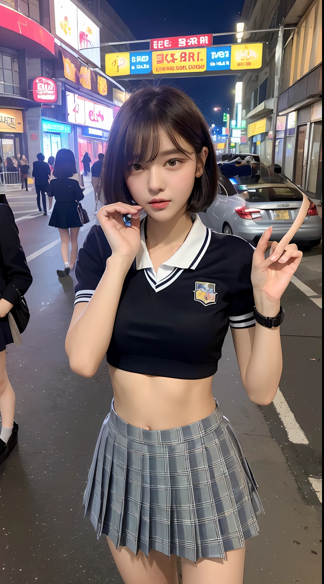 ((Best Quality, 8K, Masterpiece: 1.3)), 1girl, Slim Abs Beauty: 1.3, (Short hairstyle, ), School uniform, School uniform: 1.1, Super fine face, Detailed eyes, Double eyelids, neon-shimmering street entrances at night,