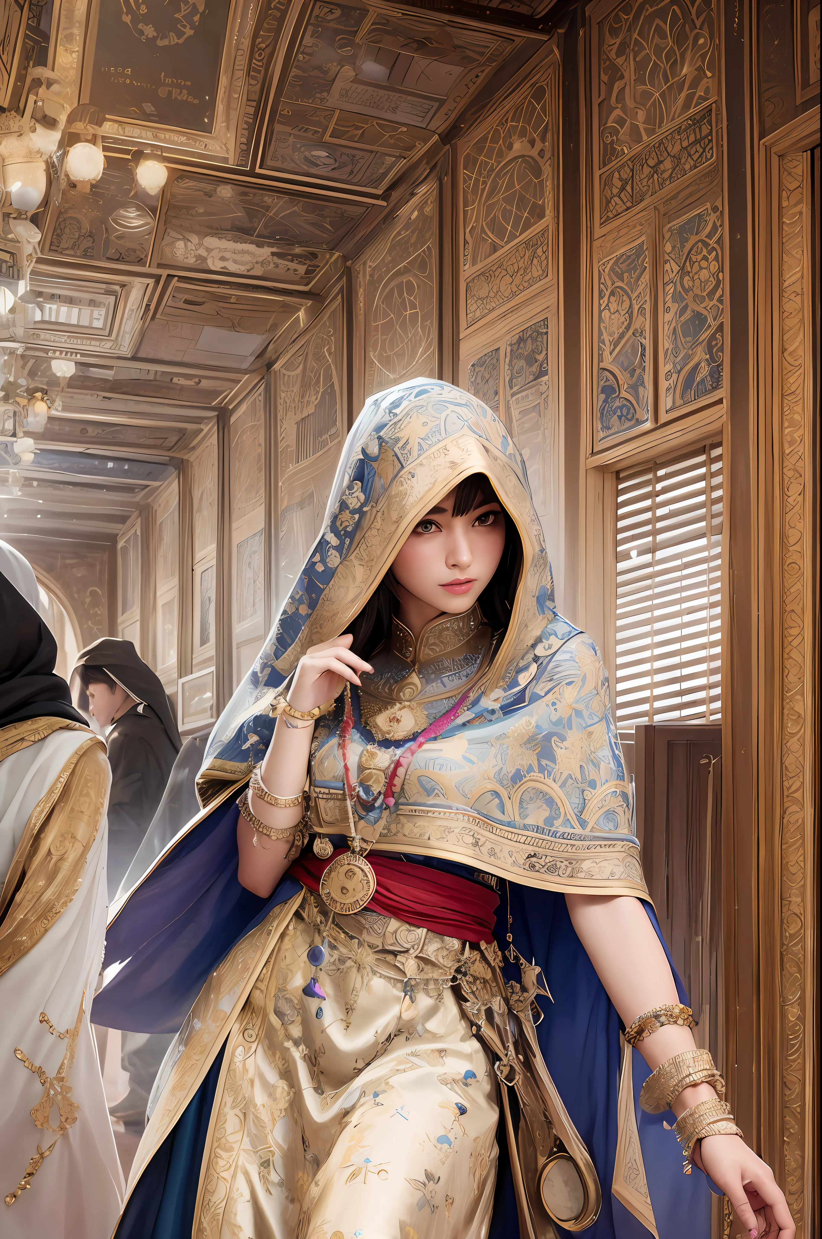 Create a stunning Assassin’s Creed Concept Art piece in the style of ultra-realistic, ultra-detailed visuals. Depict a young and graceful girl wearing traditional Persian clothing, complete with a hood, as she navigates through the vibrant bazaar of a bustling Persian town. Capture the intricate details of the architecture, the rich textures of the fabrics, and the vivid colors of the market stalls, transporting viewers to a vivid and immersive world