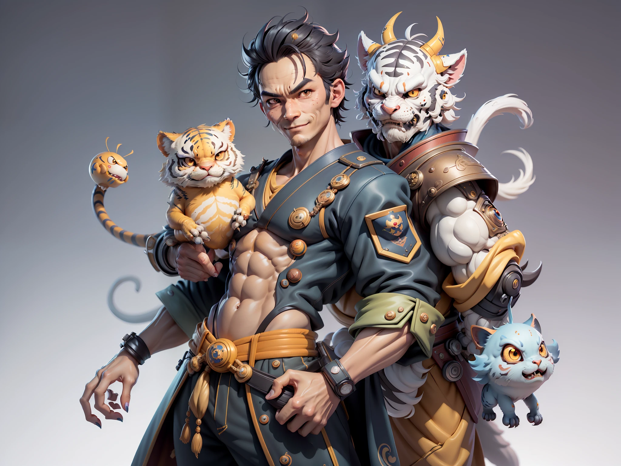 (Masterpiece), (Excellent), (Super Meticulous), (Full Body: 1.2), Super Young Man with Japanese Female Geisha, Beautiful, Chinese Dragon, Tiger, Wind God Thor, Sexy, Bursting, Oriental Face, TV Anchor, Bust Portrait Illustration, Alone, Black Suit, Blue Tie, Slightly Chubby, Very Clean Face, No Beard, Black Super Short Hair, Black Eyes, Confident Smile, 3c Computer Sub-Products, iPad, iPhone, Digital Painting, 3D character design by Mark Clairedon and Pixar and Hayao Miyazaki and Akira Toriyama, the illustrations are HD illustrations in 4K resolution with highly detailed facial features and cartoon-style visuals.