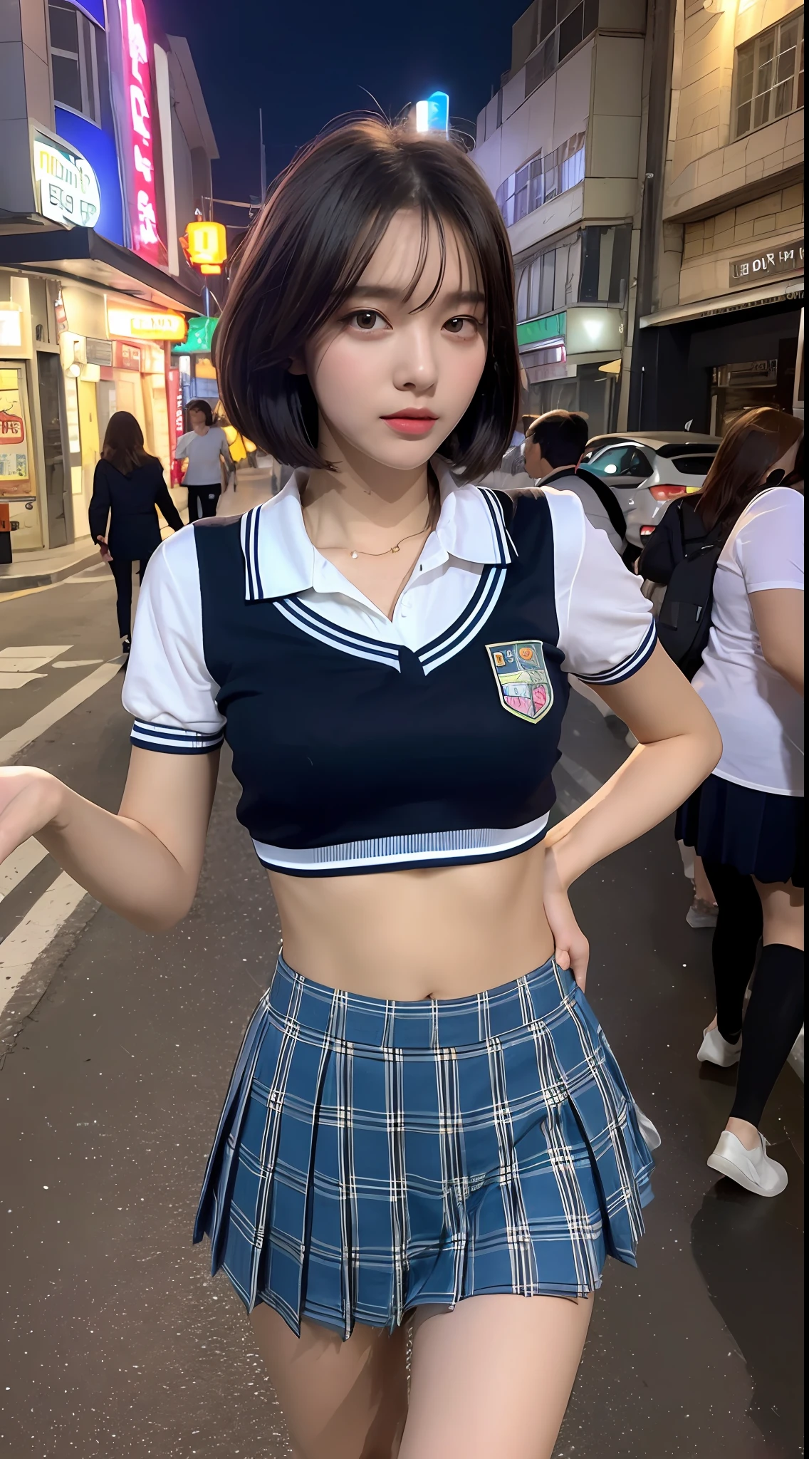 ((Best Quality, 8K, Masterpiece: 1.3)), 1girl, Slim Abs Beauty: 1.3, (Short hairstyle, ), School uniform, School uniform: 1.1, Super fine face, Detailed eyes, Double eyelids, neon-shimmering street entrances at night,