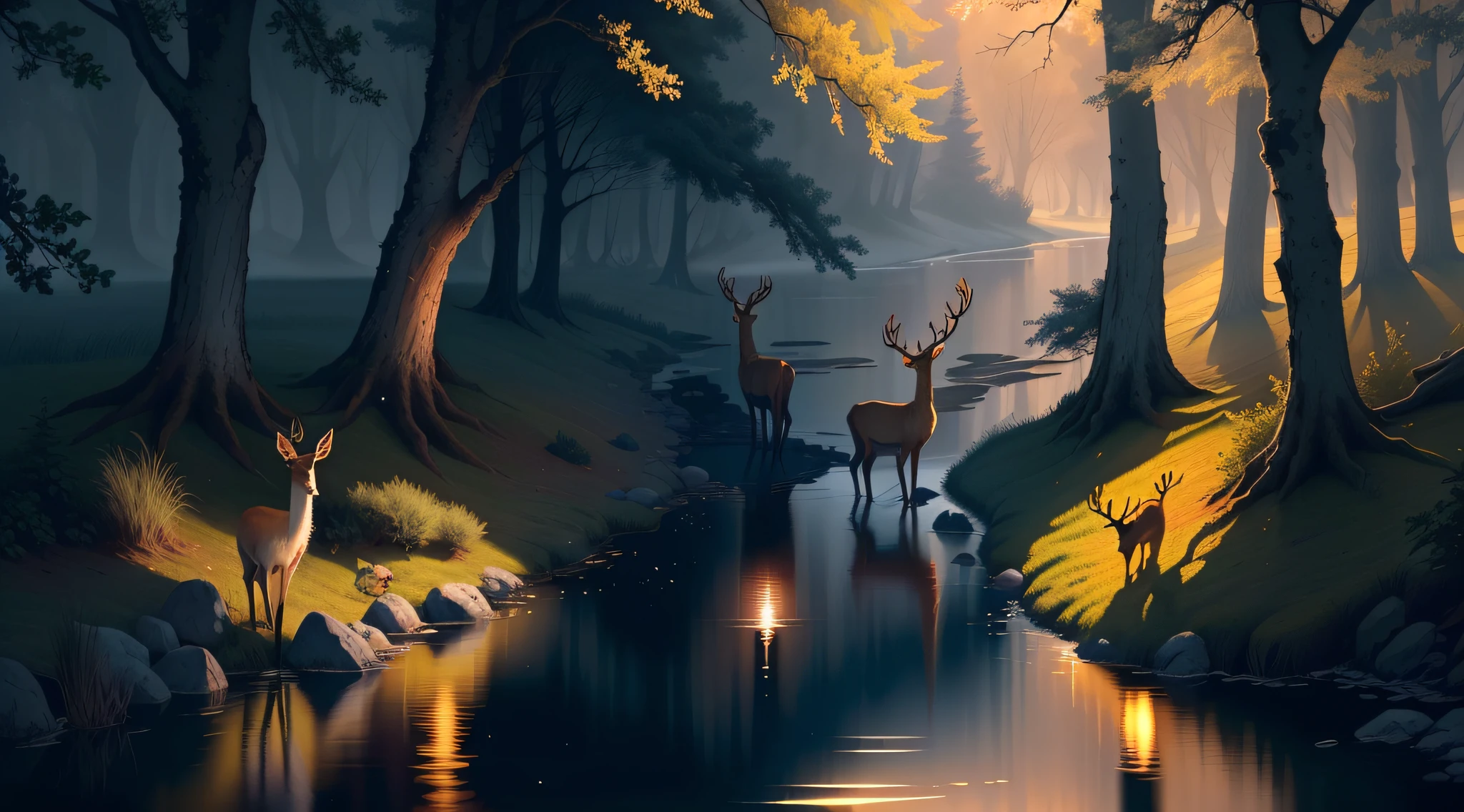 Two deer drinking water by the side of a quiet stream. Must have a clear image at sunset.