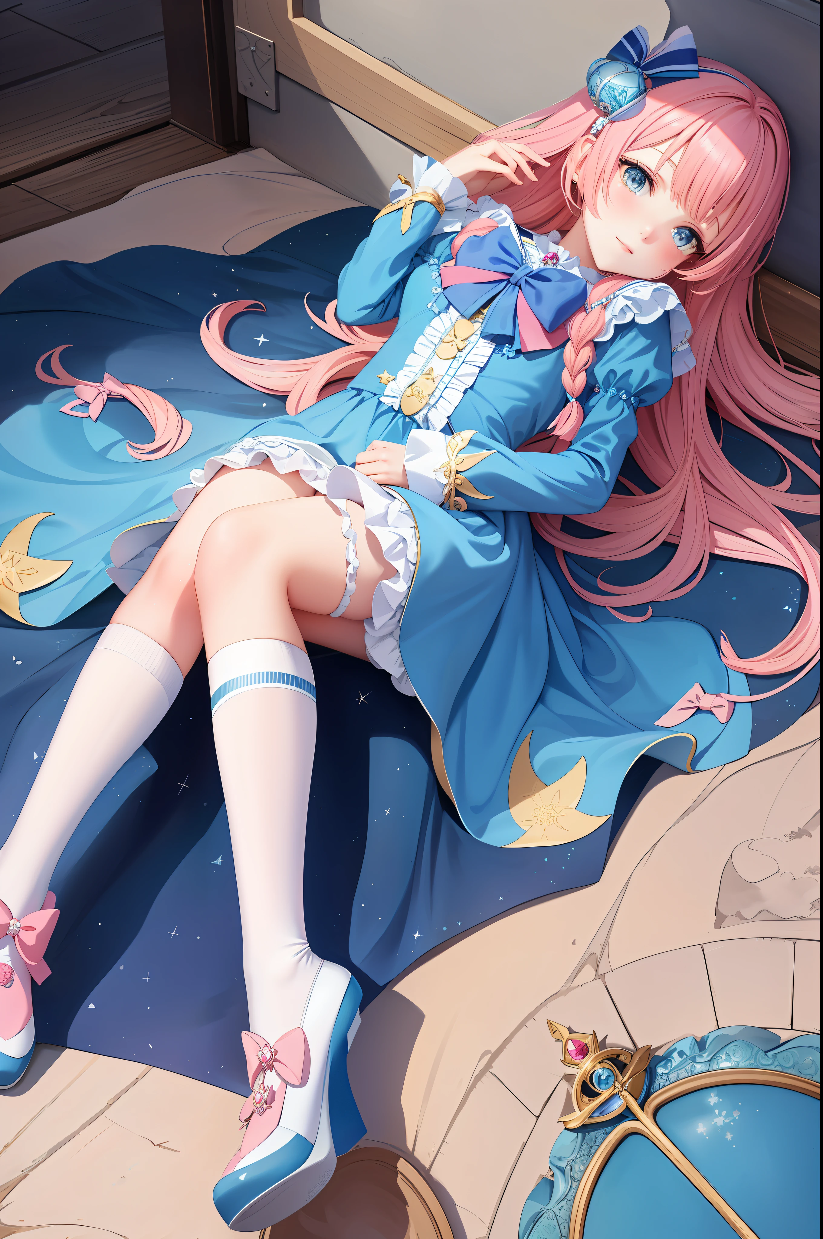 Anime girl in blue dress sitting on a boat with stars on her head, goddess of the sea, goddess of the anime, goddess of the sea, (((beautiful fantasy queen)), blue ocean, cute anime waifu in beautiful clothes, white socks, long socks, stockings, pink shoes, ta shoes, pattern, bow, wallpaper anime blue water, popular on ArtStation pixiv, beautiful girl, beautiful fantasy queen, beautiful fantasy anime, beautiful anime woman