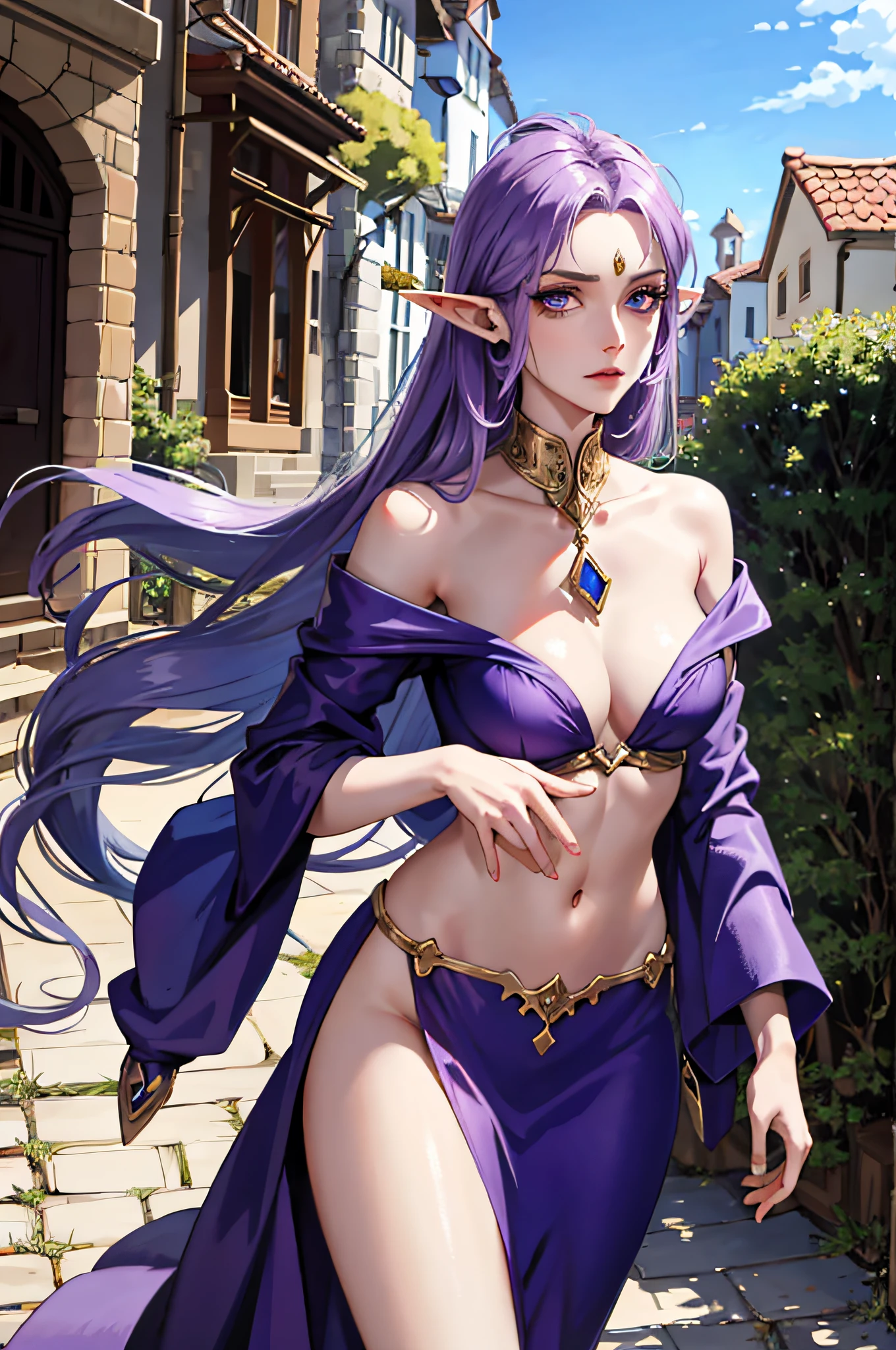 Tall and beautiful elf woman, purple pupils, contempt in her eyes, cold expression, arrogant posture, chest, chest, exposed shoulders, exposed navel, exposed thighs, looking up at the camera, strolling through the medieval streets.