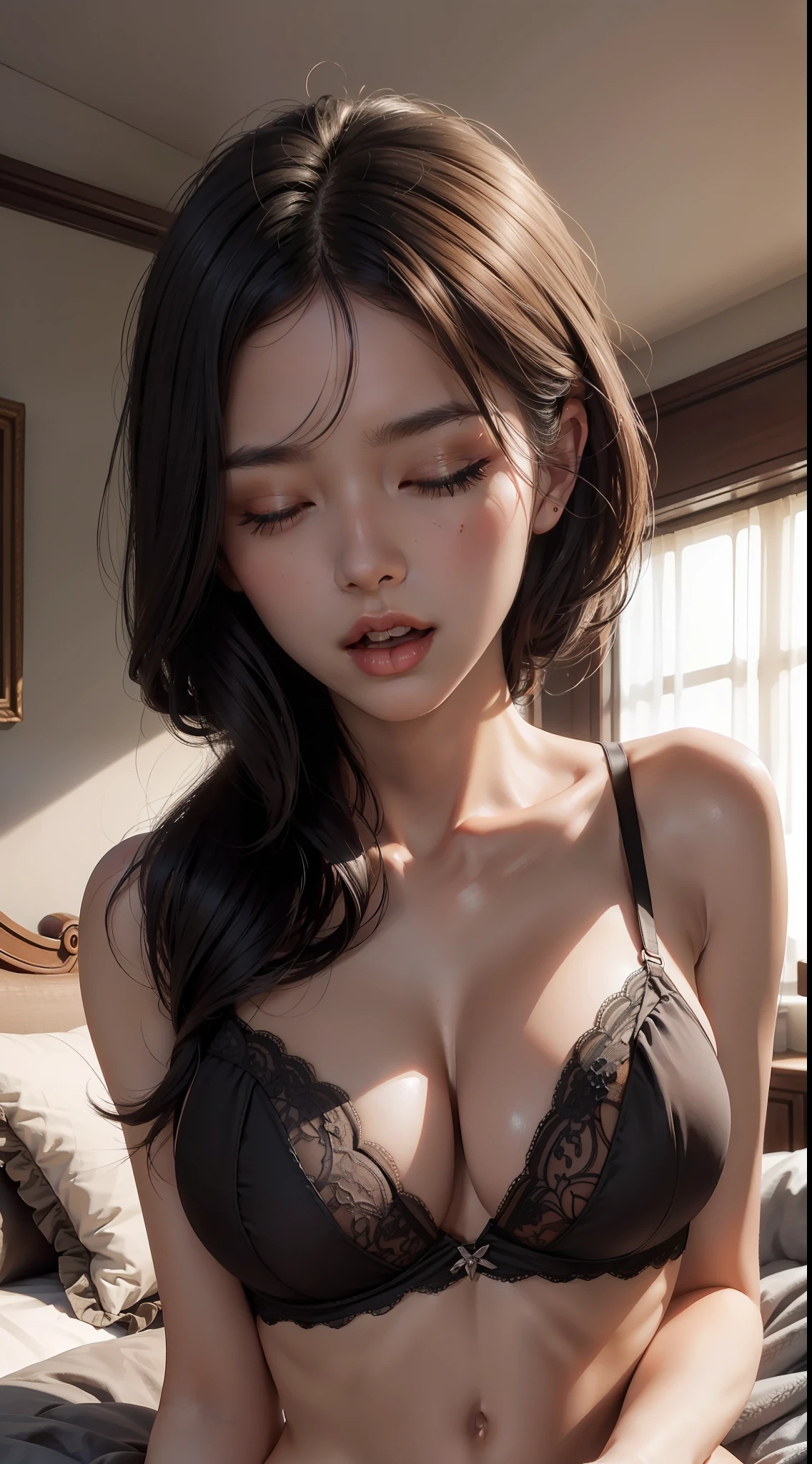 masterpiece, top quality, raw photo, photorealistic, big, face light, shiny skin, high resolution, super detail, detail, detailed eyes and face, sharp pupils, realistic pupils, sharp focus, shiny skin, yawning in bed, black hair, lace bra, long hair, eyes closed, mouth open, yawning