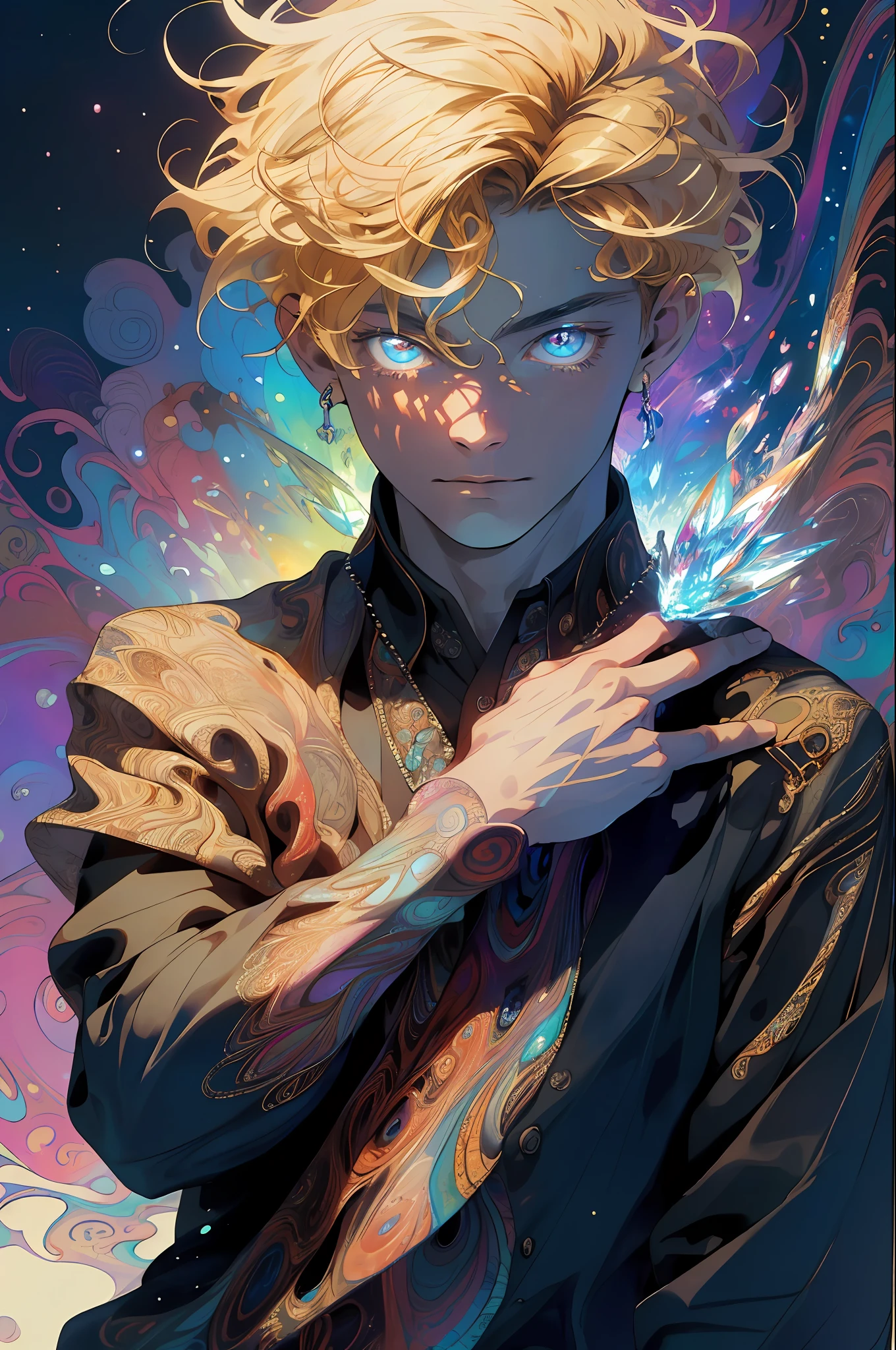 Realistic, (Masterpiece, Top Quality, Best Quality, Official Art, Beauty and Aesthetics: 1.2), Very Detailed, Fractal Art, Colorful, Most Detailed, Zentangle, (Abstract Background: 1.5) (1boy: 1.3), God, Blonde Hair, Short Hair, (Glowing Blue Eyes), Pectals, Abs, Mysterious, (Magic), Crystal, Handsome Man