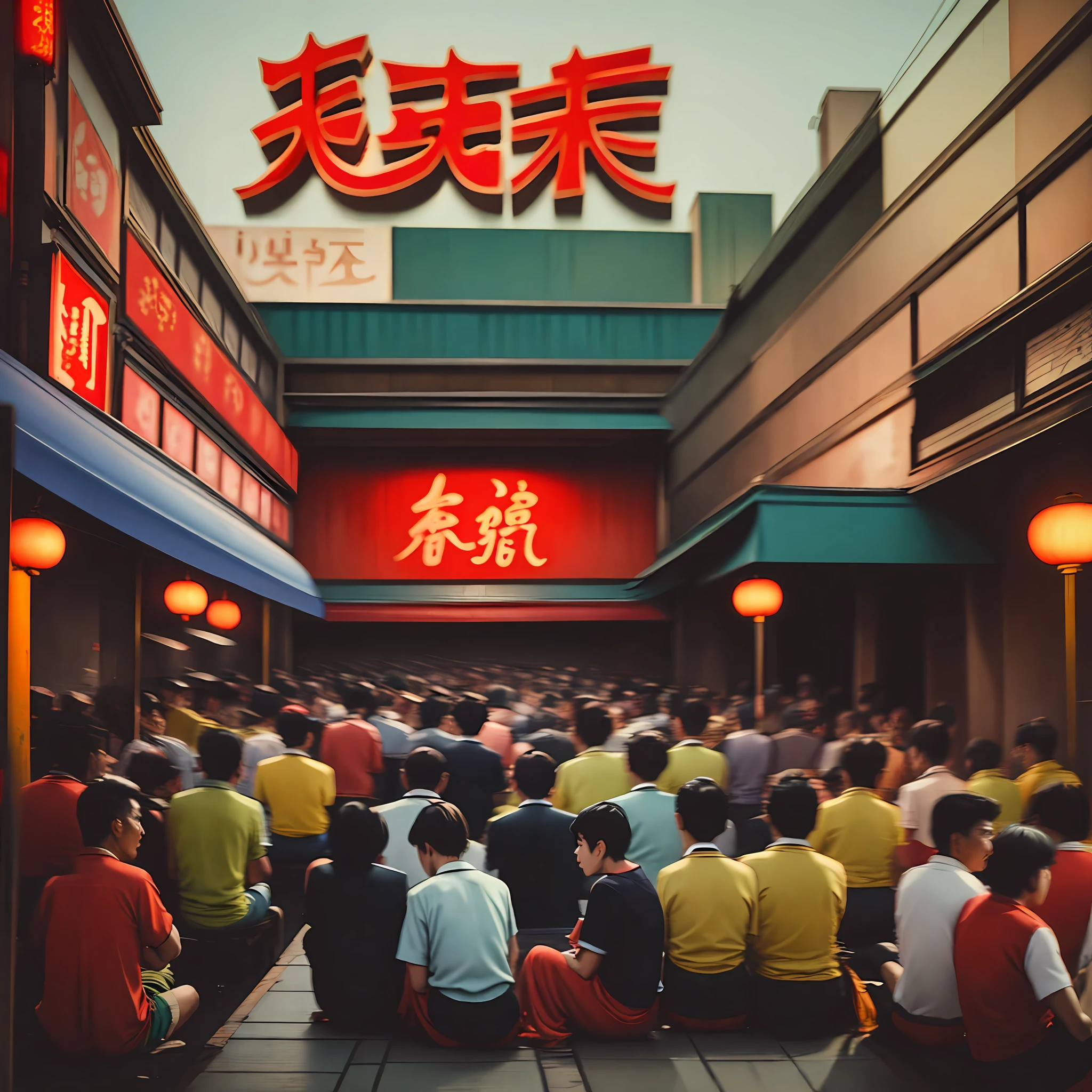 China's open-air cinema, 1980s, on the street, many people sit and watch, Chinese painting style, background elements show the atmosphere of the 1980s, rich in details. --auto --s2