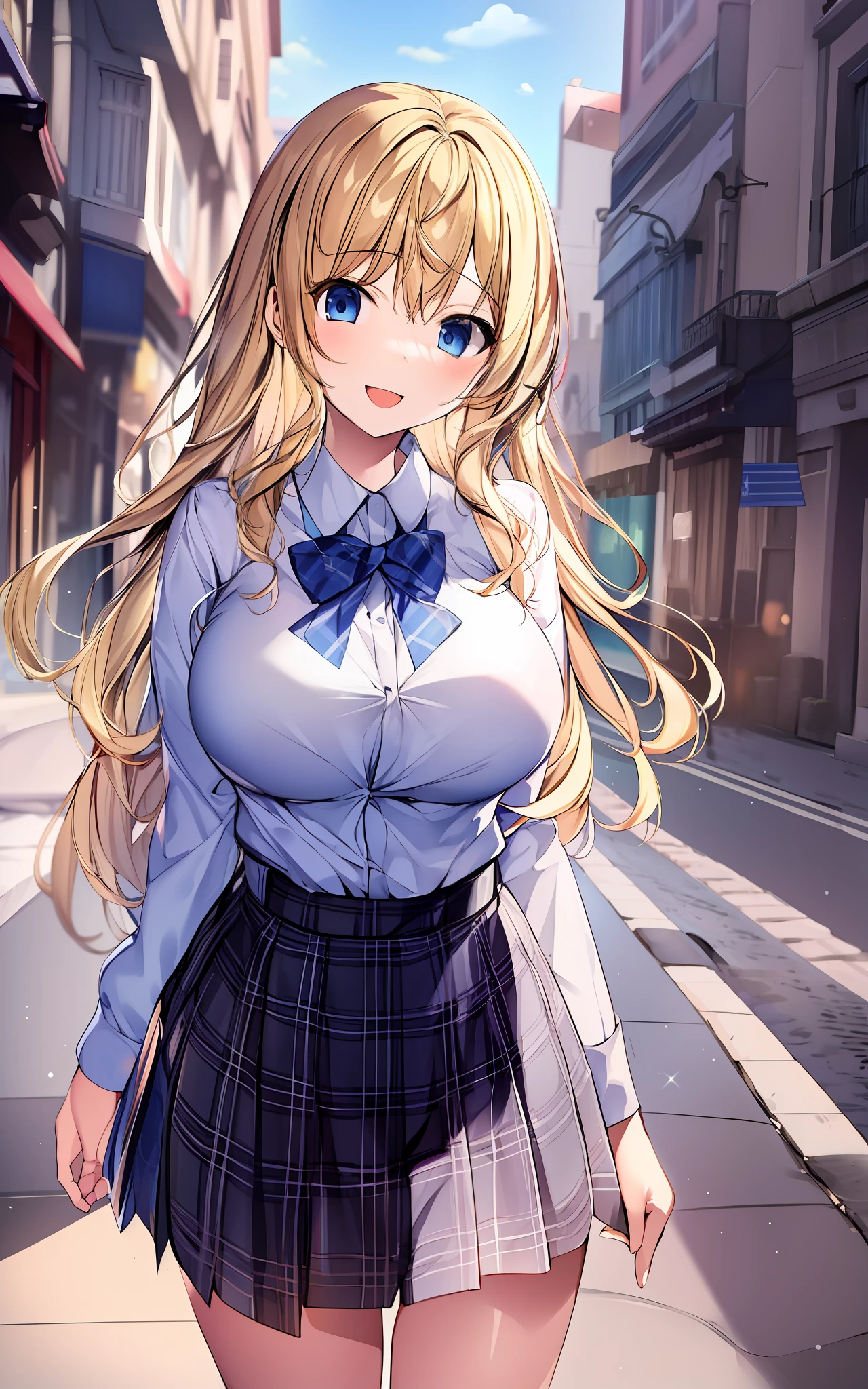 (masterpiece:1.3), 1 girl, solo, best quality, high quality, karory, blonde hair, long hair, wavy hair, (huge_breasts:1.5), school uniform, blue eyes, walking, arm behind back, smile.