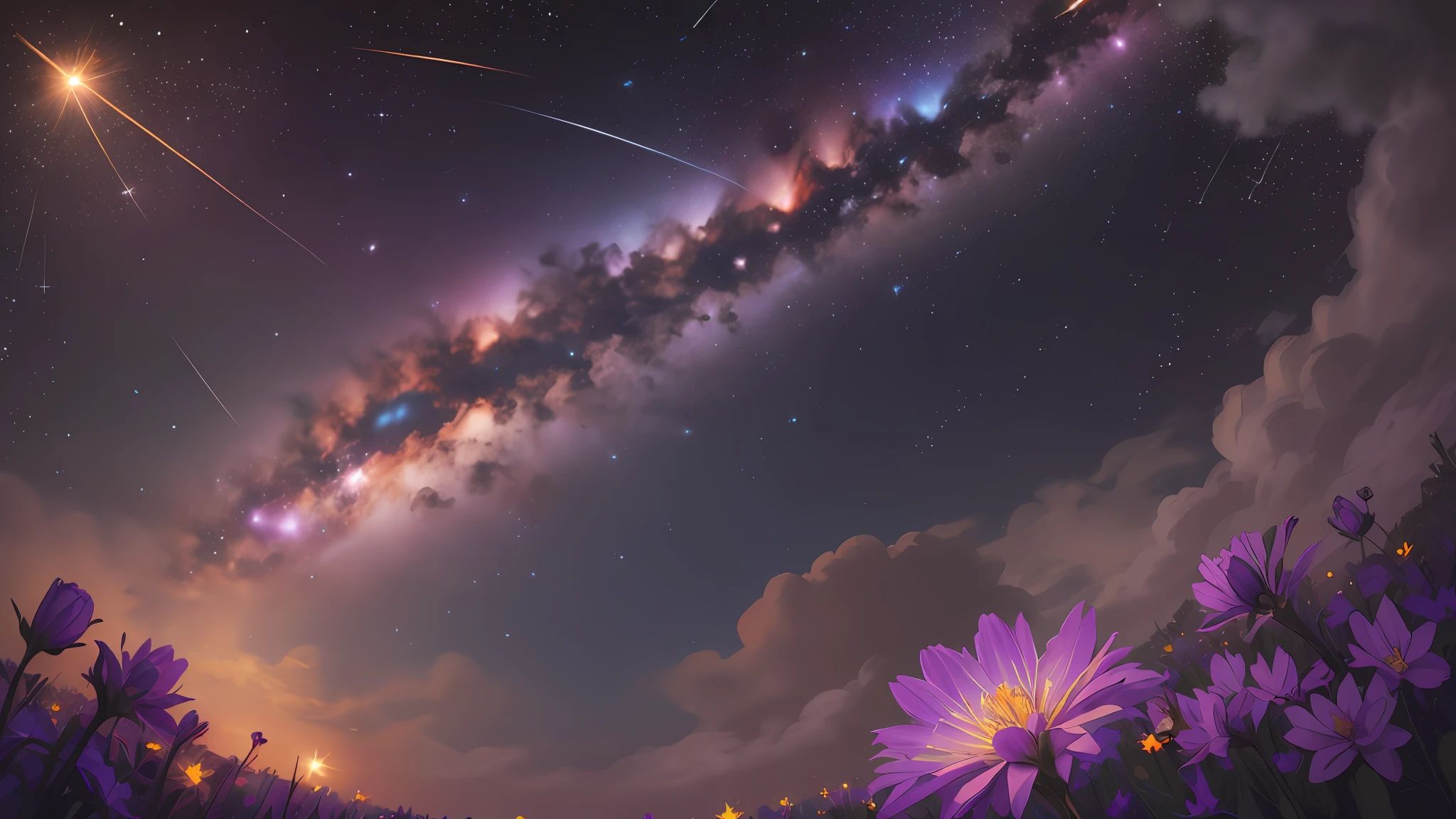 (zoomed out:1.1), (meteor shower:1.2), (comet:1.1), low angle, aroura borealis, shooting star, cloud, colorful, starry, stars, night, flower field, flower blossom, night sky, beautiful flowers, night theme, Surrealism, high detail, from below, from below, Hyperrealism, Impressionism, best quality, masterpiece, UHD, retina, award winning, 4K, anatomically correct, super detail