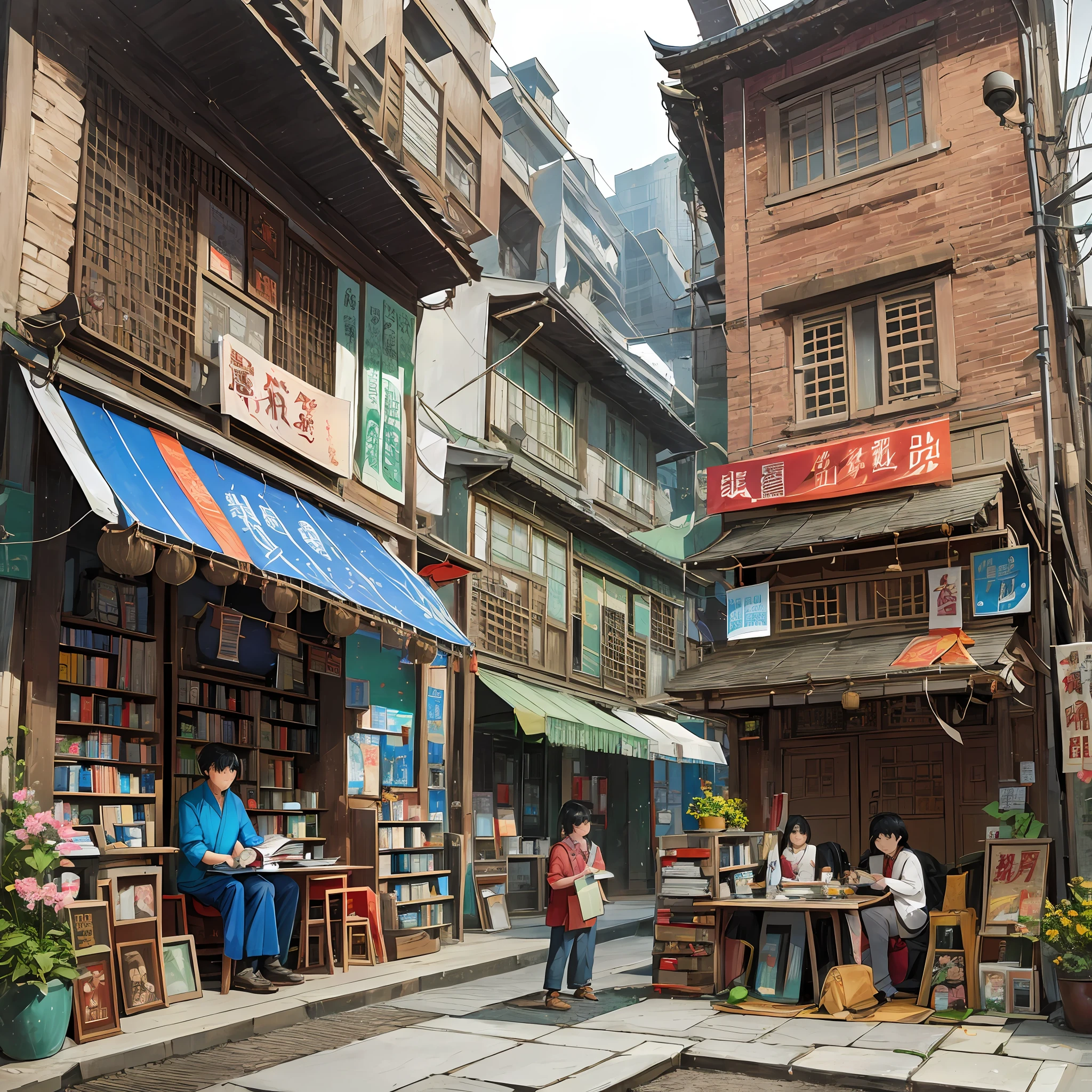 In China in 1980, a picture depicting many Chinese sitting on the sidewalk reading a book in the background features of a makeshift bookstore and newsstand, 30 people, adults and children. The picture has a strong Chinese style, and the background elements show the atmosphere of the 1980s, and the details are rich. --auto --s2