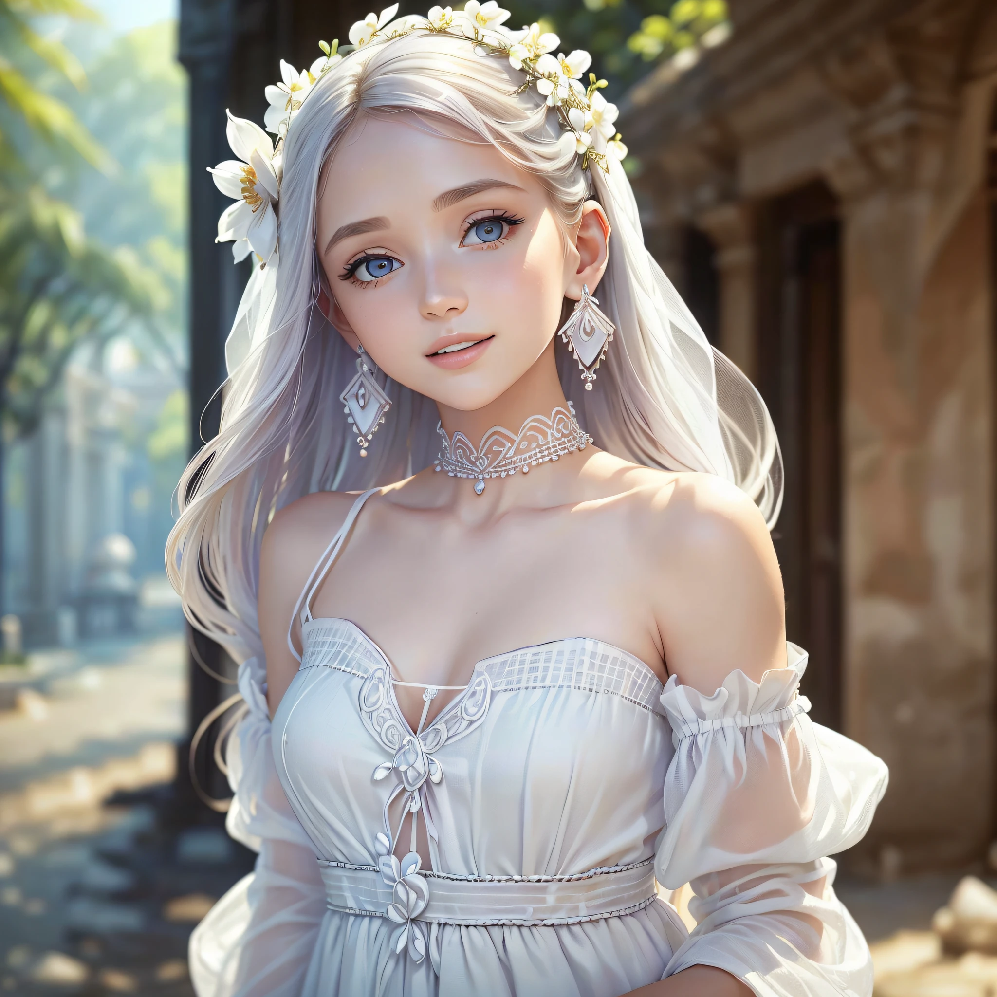 (Gorgeous white clothes: 1.2), smiling girl, (earrings: 0.8), jewel-like eyes, (bare shoulders and collarbones: 1.1), (antique long dress: 1.2), hair flowers, draped twine, flowing elegance, mystery, complex details, ancient city background, girly cute. Upper --auto --s2