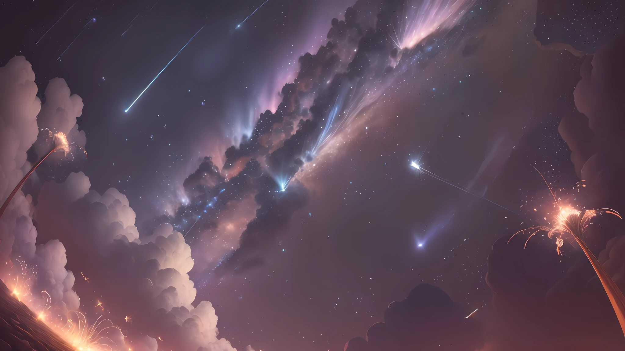 (zoomed out:1.1), (meteor shower:1.2), (comet:1.1), low angle, aroura borealis, shooting star, cloud, colorful, starry, stars, night, flower field, flower blossom, night sky, beautiful flowers, night theme, Surrealism, high detail, from below, from below, Hyperrealism, Impressionism, best quality, masterpiece, UHD, retina, award winning, 4K, anatomically correct, super detail