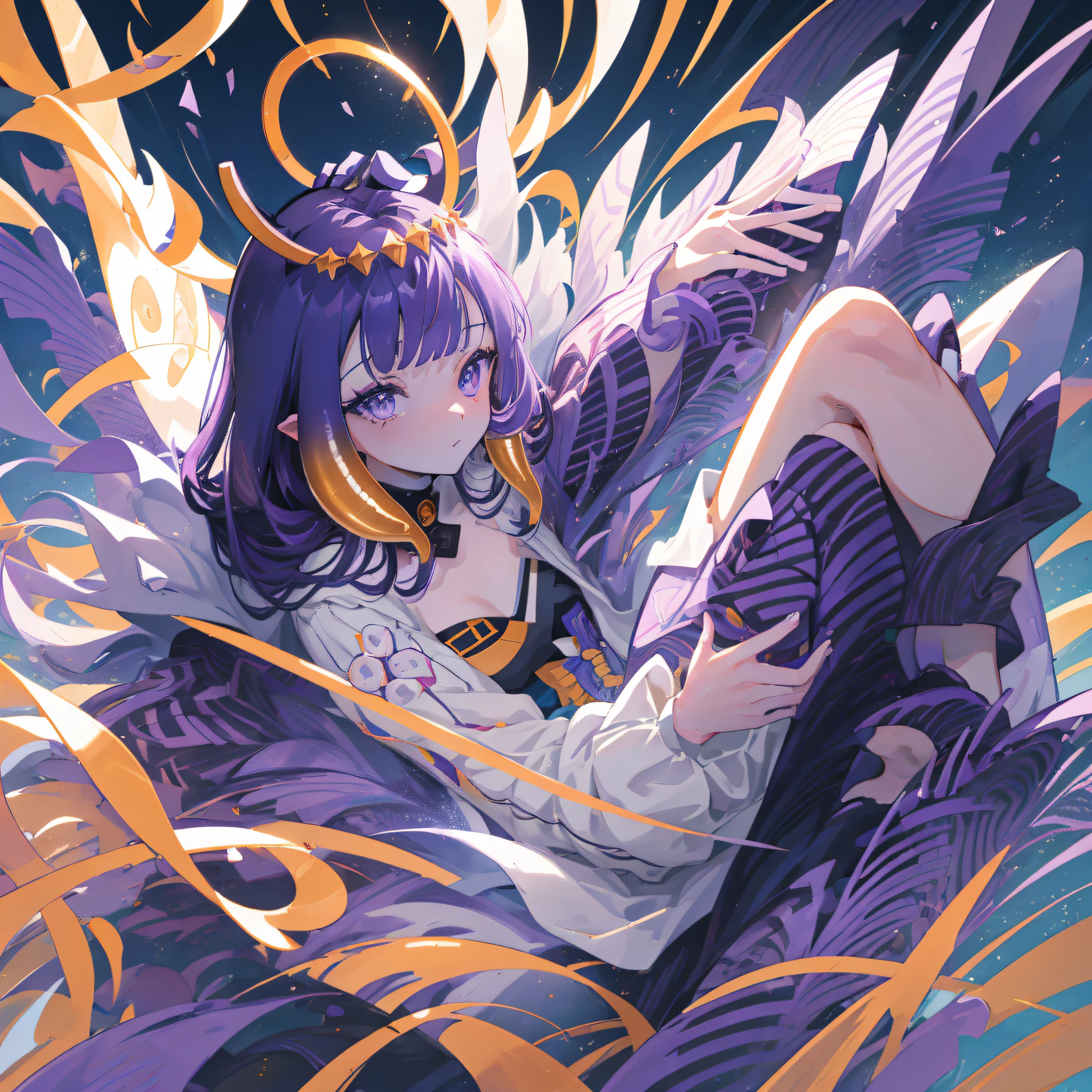 (人物: Ninomae Ina'Nis), {purple hair}, tentacle hair, purple eyes, {a golden tiara}, {{masterpiece}}, best quality, extremely detailed CG unity 8k wallpaper, cinematic lighting, lens flare, beautiful detail eyes, side glance, colorful light, particles, a girl, solo, close up portrait,
