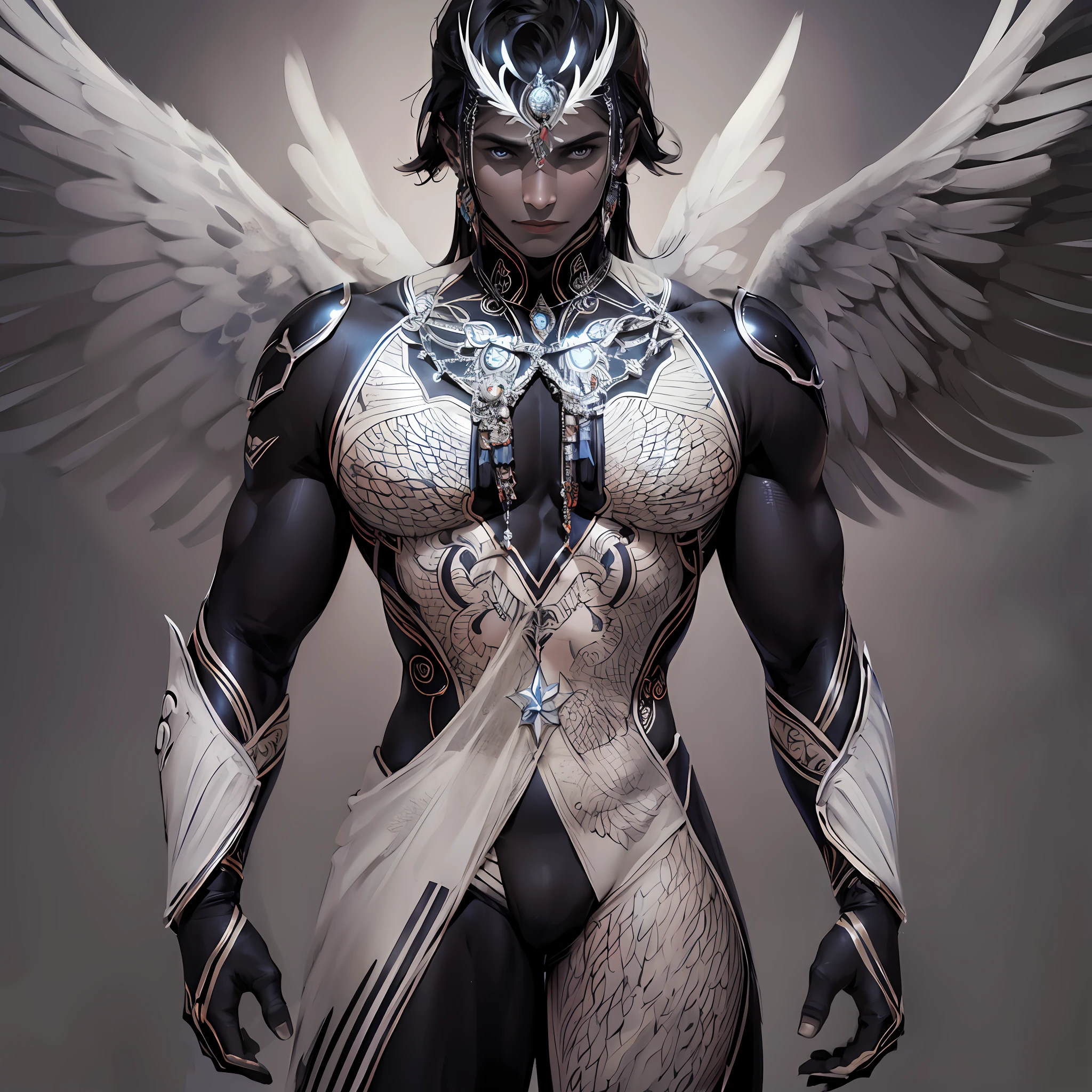 A Indian male human with angel wings on his back, wings color is dark black, a dark superhero pose, standing ready to fly, athletic body, --auto --s2