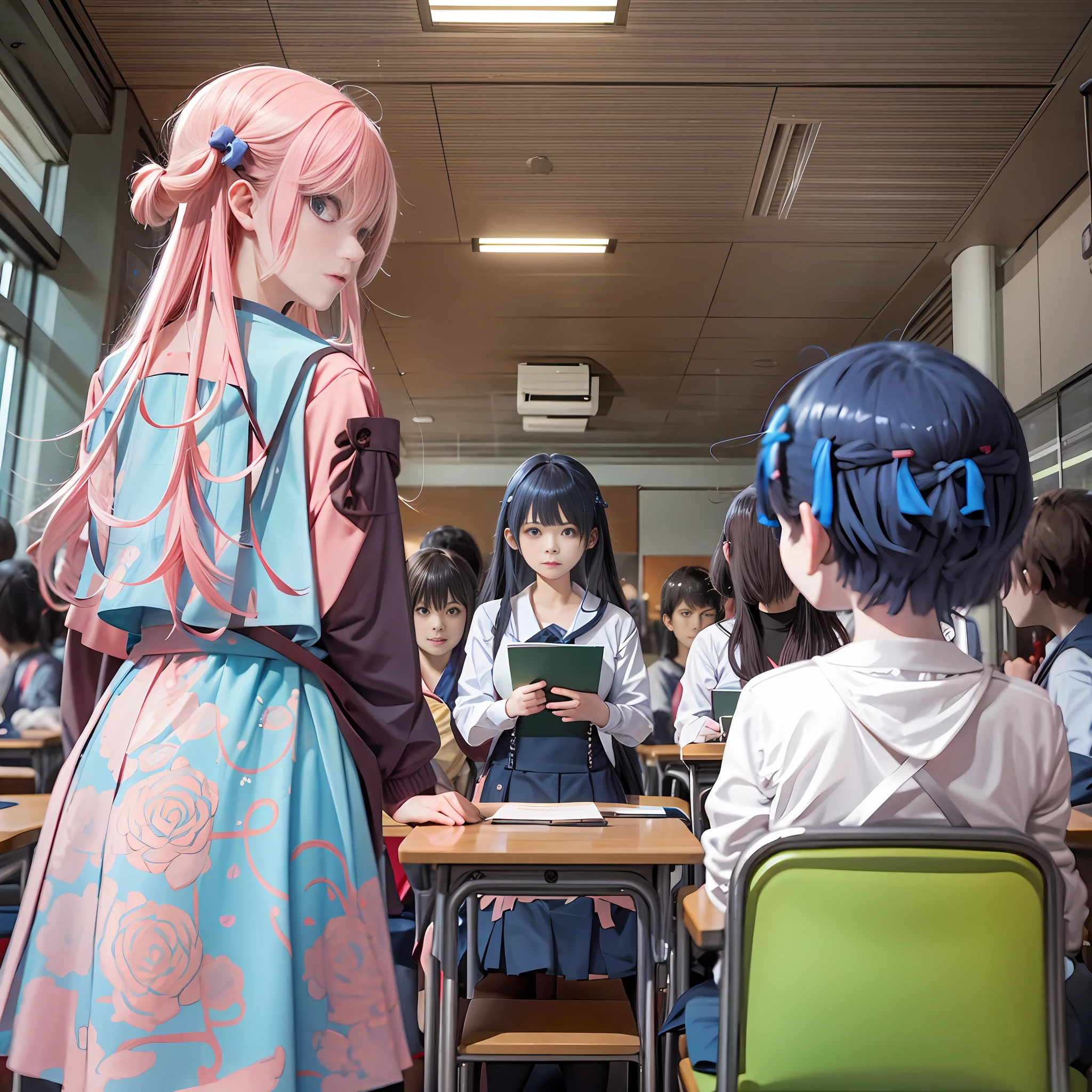 A group of anime people in the classroom, standing, opening their mouths, nodding their heads with their fingers forward