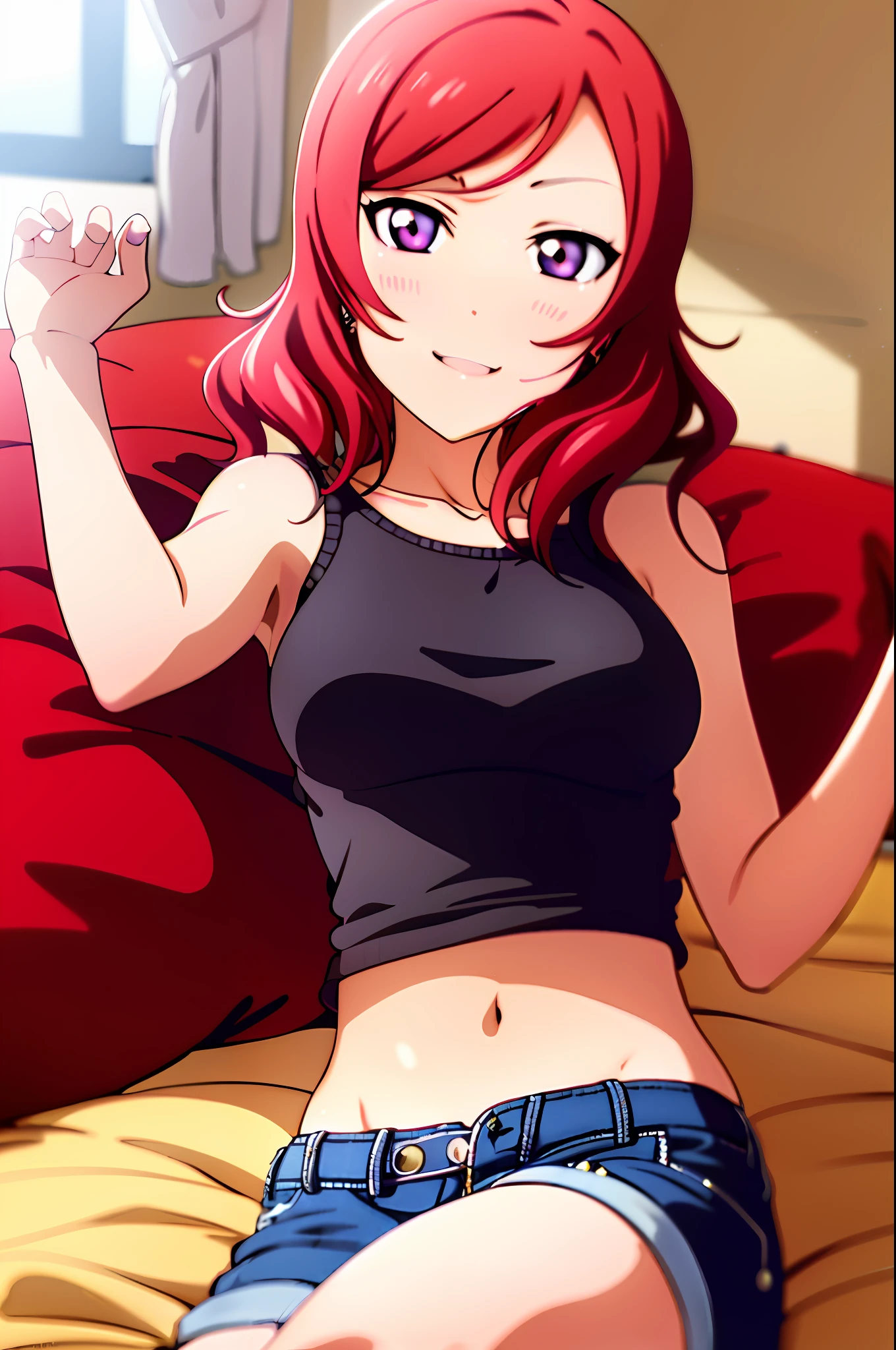 nishikino_maki,  masterpiece, best quality, highres, 1girl, solo, anastasia (idolmaster), idolmaster cinderella girls, purple eyes, short hair,  red hair, crop top, short jeans, cowboy shot, smile, upper_body, sexy pose, bed, bedroom, pillow, window, lying, lying on bed, head on pillow,