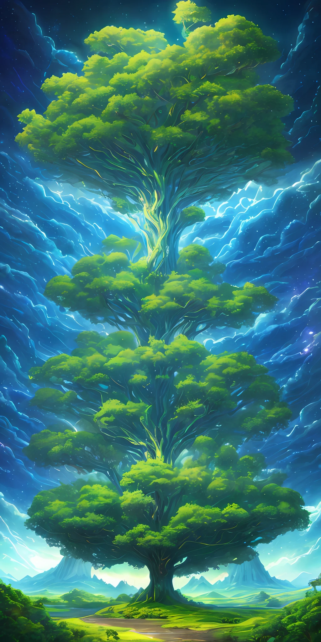 Illustration of a surreal, otherworldly, hyper sky scene including a giant crystal tree full body, highly detailed and magical lighting, intricate forest details, vegetation and surrounding river, solar punk, landscape, giant tree , beautiful green leaves, beautiful lighting and realistic proportions, as if this is a movie background, 8k, highest quality, masterpiece, clouds and stars in the sky.