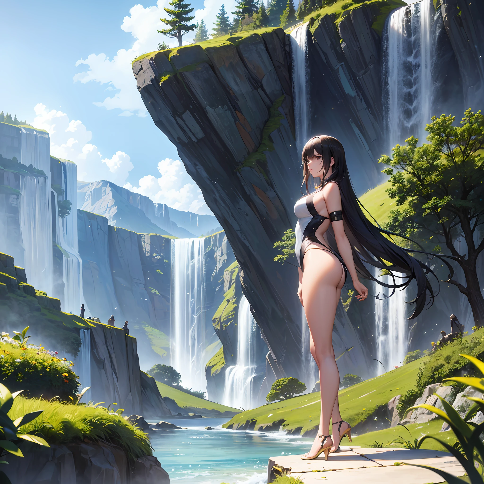 masterpiece, top quality, high quality, highly detailed CG unity 8k wallpaper, landscape, outdoor, sky, clouds, day, peopleless, mountain, landscape, water, tree, blue sky, waterfall, cliff, nature, lake, river, cloudy sky, award-winning photography, bokeh, depth of field, HDR, bloom, chromatic aberration, photorealistic, highly detailed, artstation trend, cggram society trend, complex, high detail, dramatic, art on the journey, woman, beautiful legs, long legs