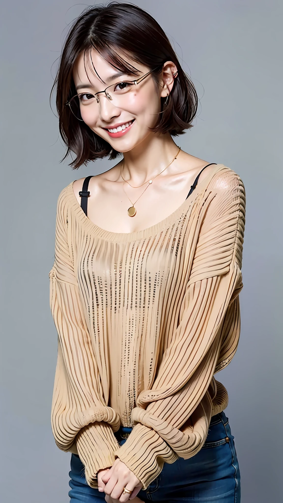 (Best Quality, 8k, 32k, Masterpiece, UHD: 1.2), Cute Japan Woman Pictures, Smiling Faces, Waist Shot, Middle Breasts, Semi-Long, Upper Body, (oversized_sweater,:1.1) Necklace, Simple Background, Collared Shirt, Glasses, Tank Top