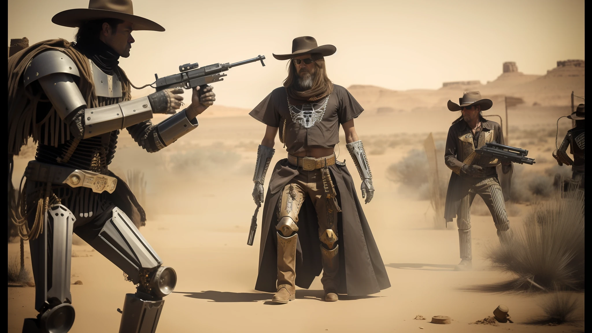 cowboys in a desert with guns and a skeleton, the golden humanoid robot, cinematic style photograph, hardcore techno, by Matteo Pérez, by Robert Noble, neil young design, costumes, salvia droid, intricate armour costumes, noir animation, megadeth, western