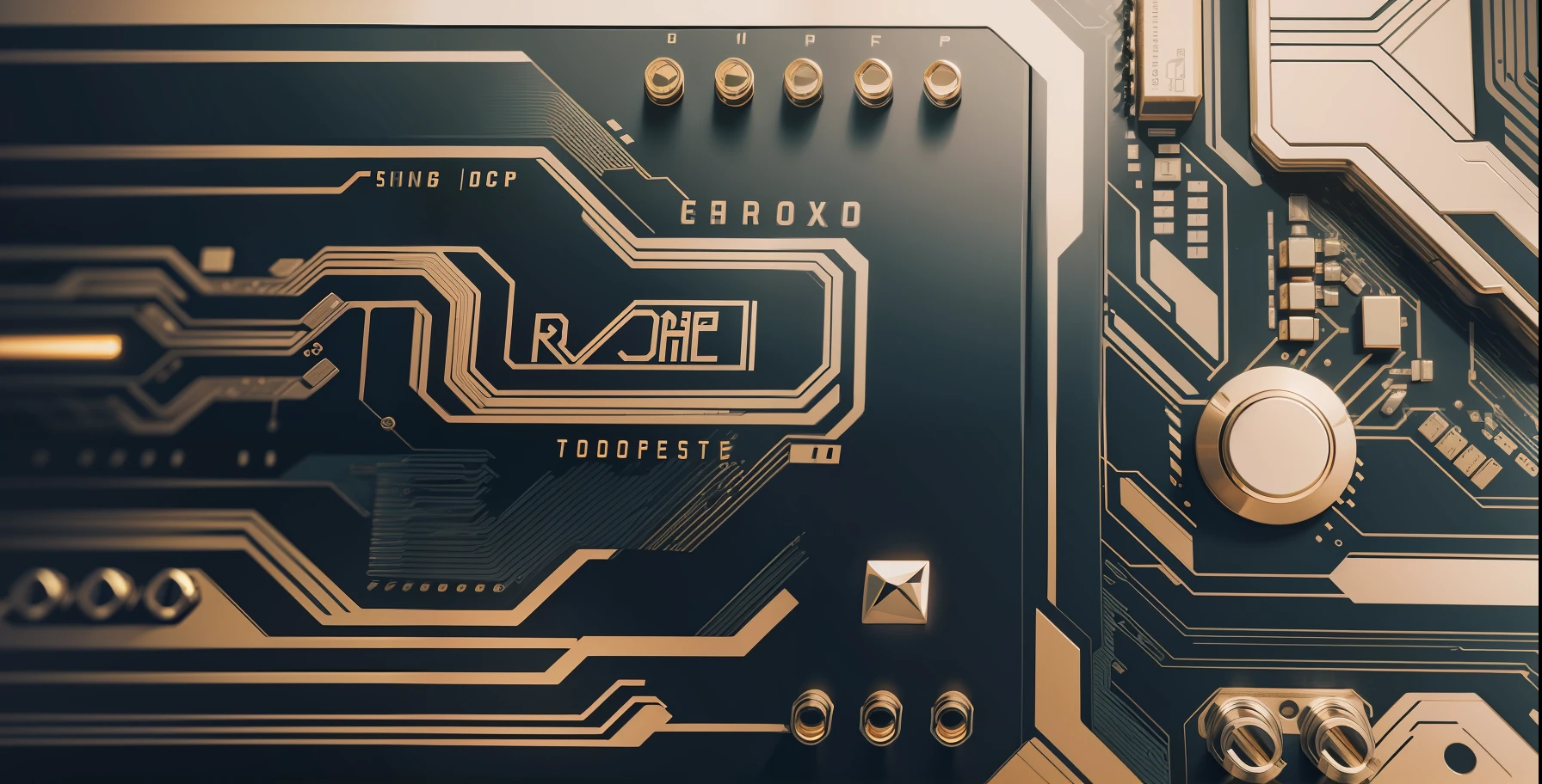 Front), illustration, chip scene Chip with Stable Diffusion logo on the left, white main color, tech, gold, circuit board